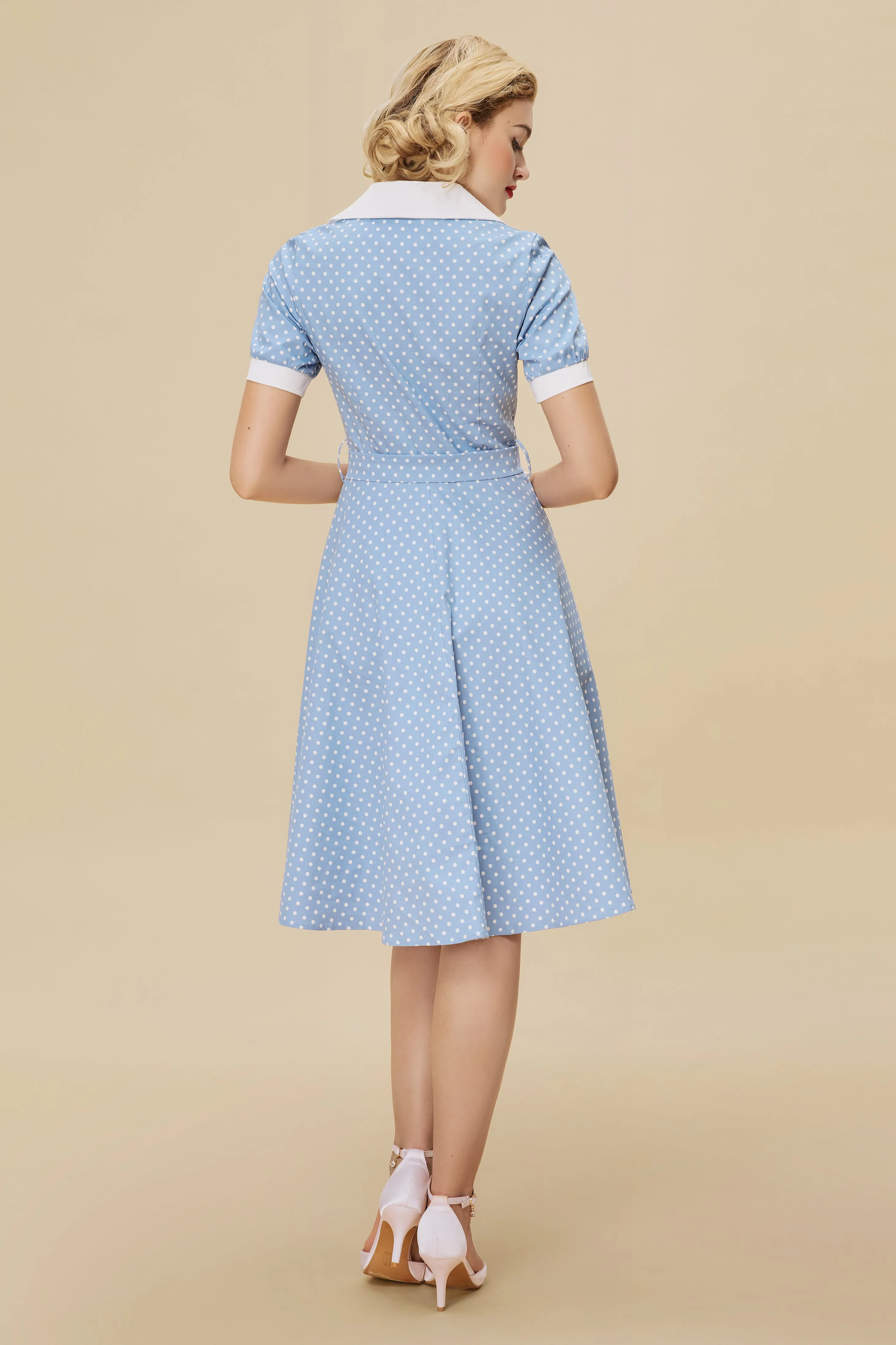 Vintage Blue Polka Dot Belted Swing Dress sold by BABEYOND product image thumbnail 2