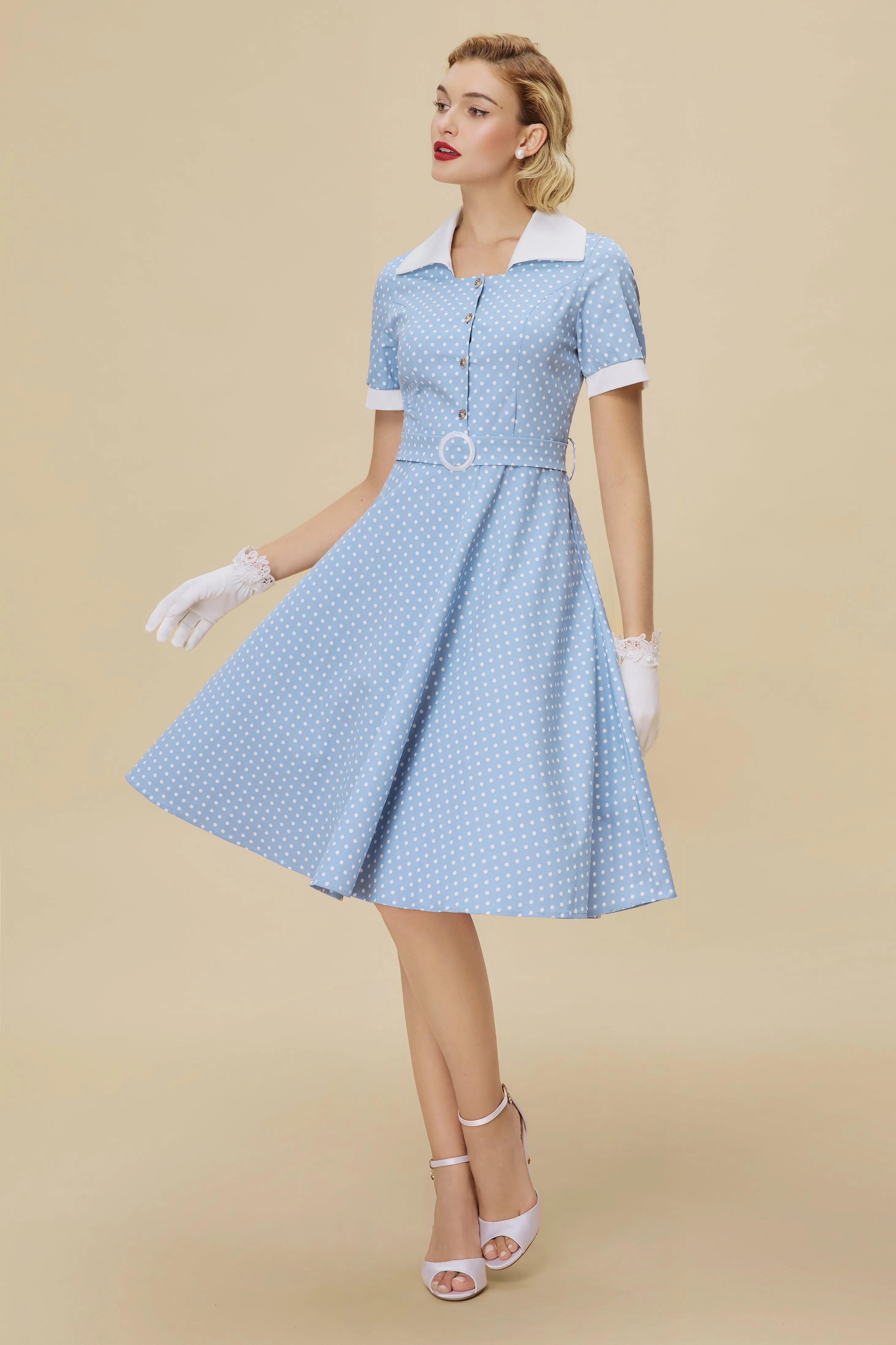 Vintage Blue Polka Dot Belted Swing Dress sold by BABEYOND product image thumbnail 3