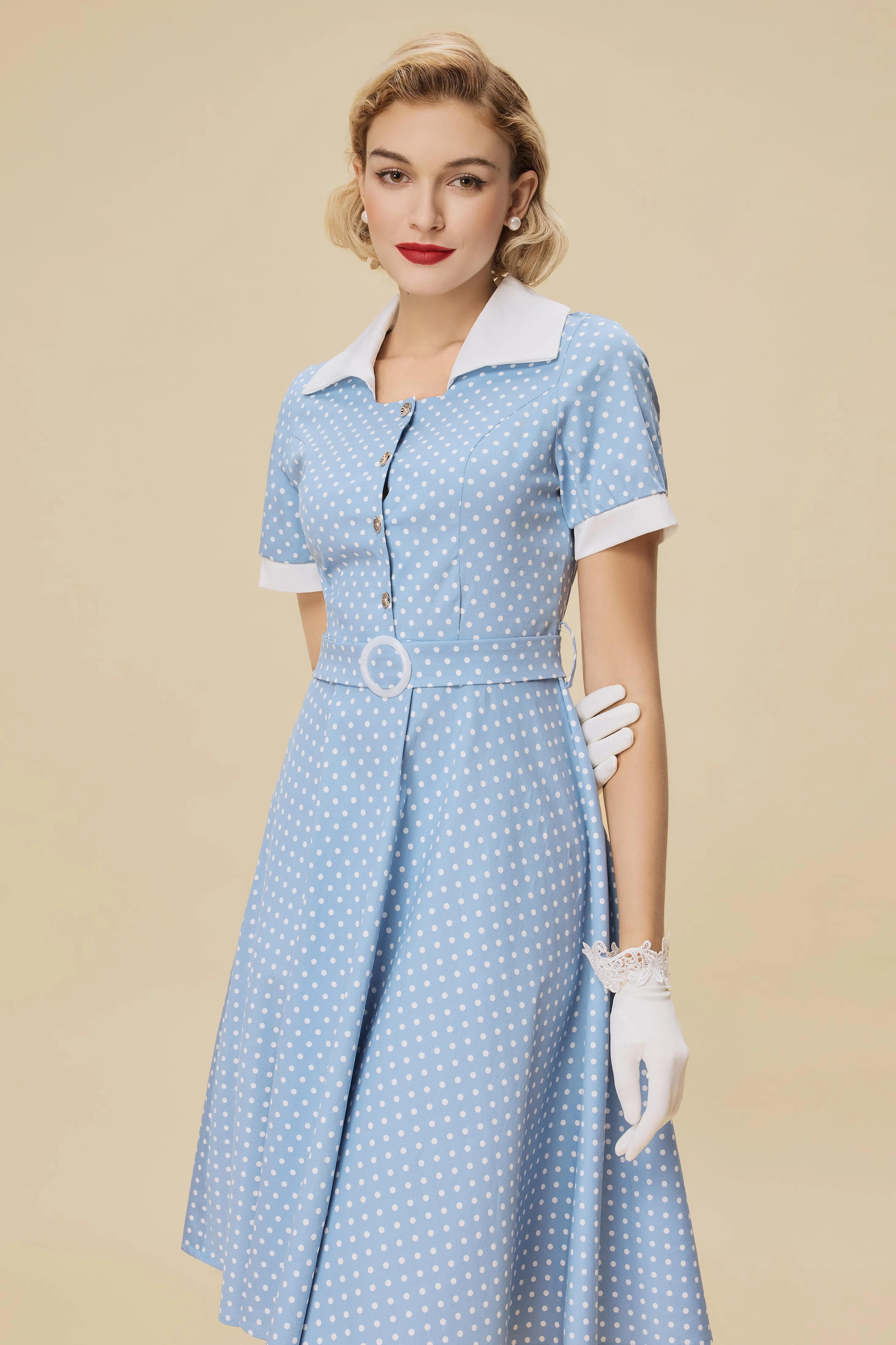 Vintage Blue Polka Dot Belted Swing Dress sold by BABEYOND product image thumbnail 5