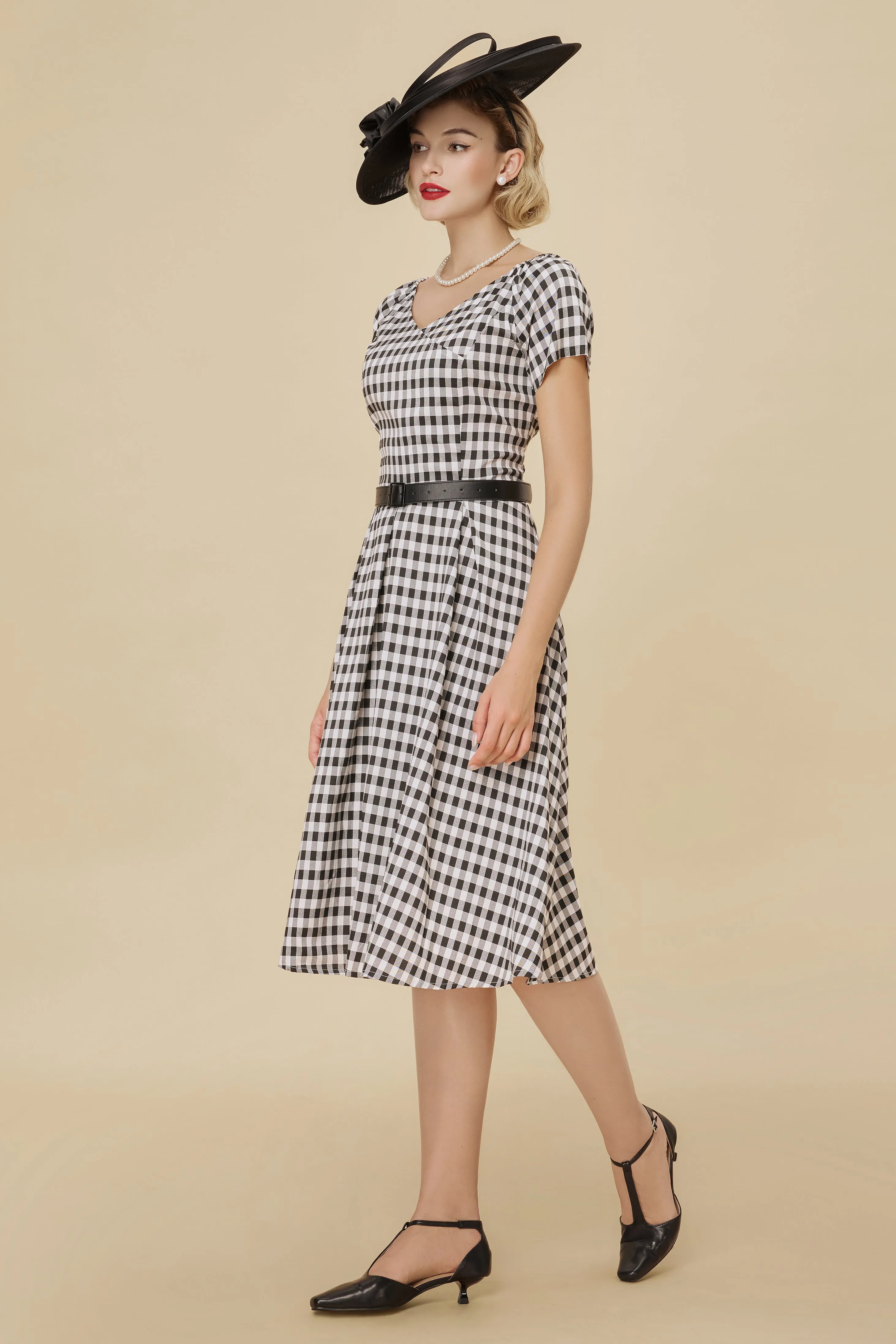 Convertible Neckline Gingham Fit-and-Flare Swing Dress sold by BABEYOND product image thumbnail 3