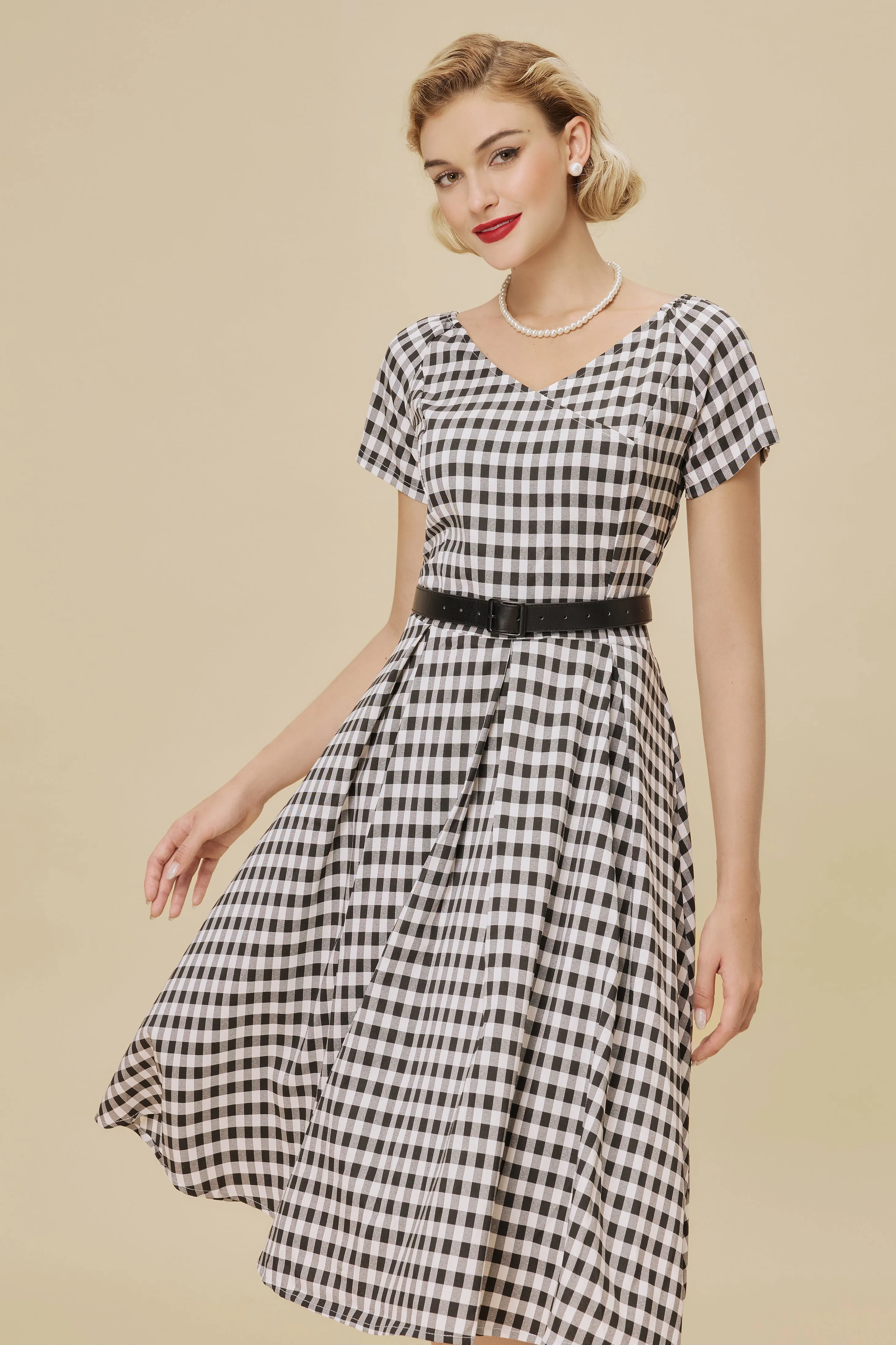 Convertible Neckline Gingham Fit-and-Flare Swing Dress sold by BABEYOND product image thumbnail 5