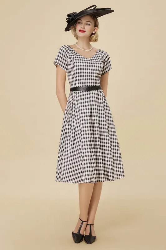 Convertible Neckline Gingham Fit-and-Flare Swing Dress sold by BABEYOND