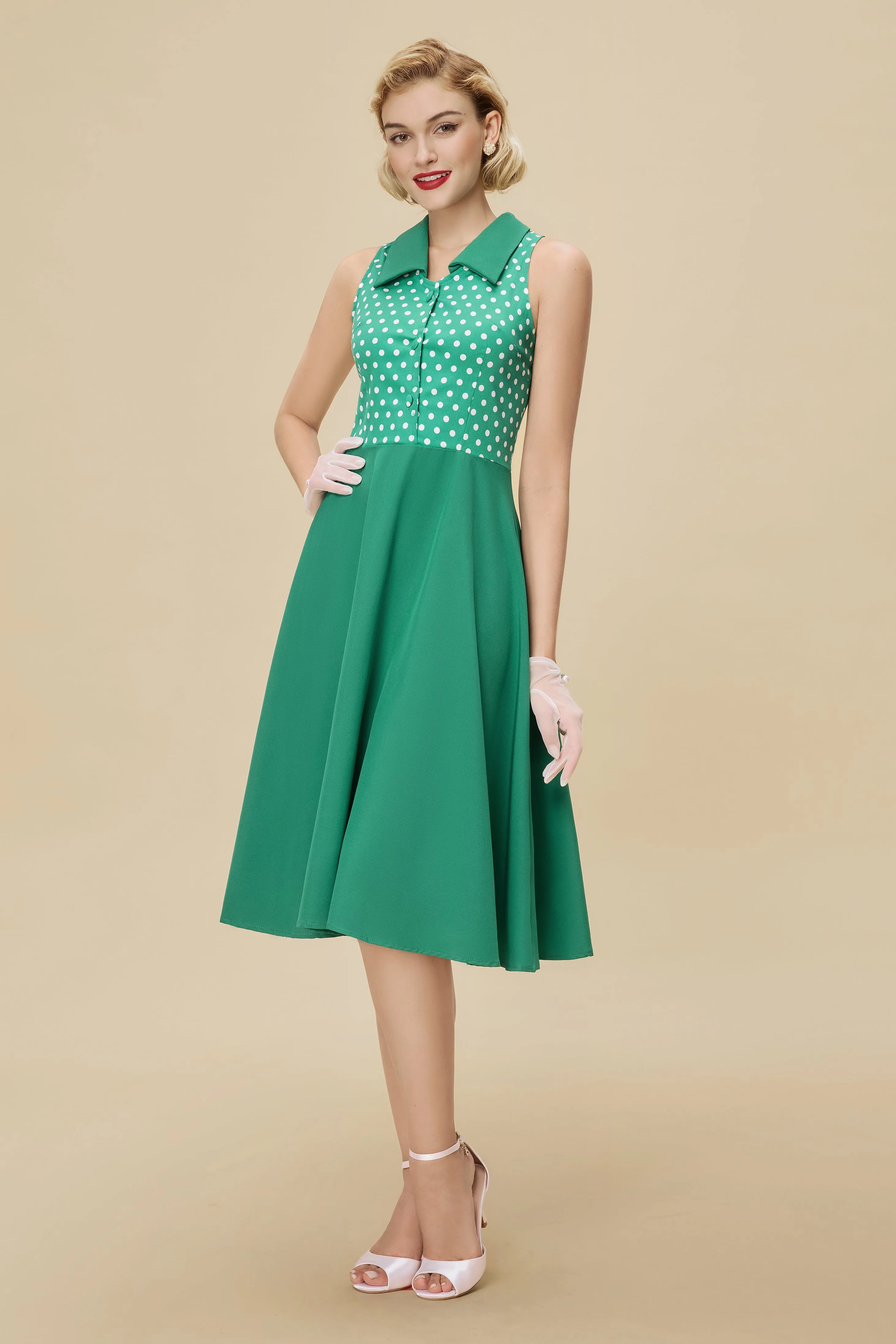 Polka Dot Bodice Sleeveless Retro Swing Dress sold by BABEYOND