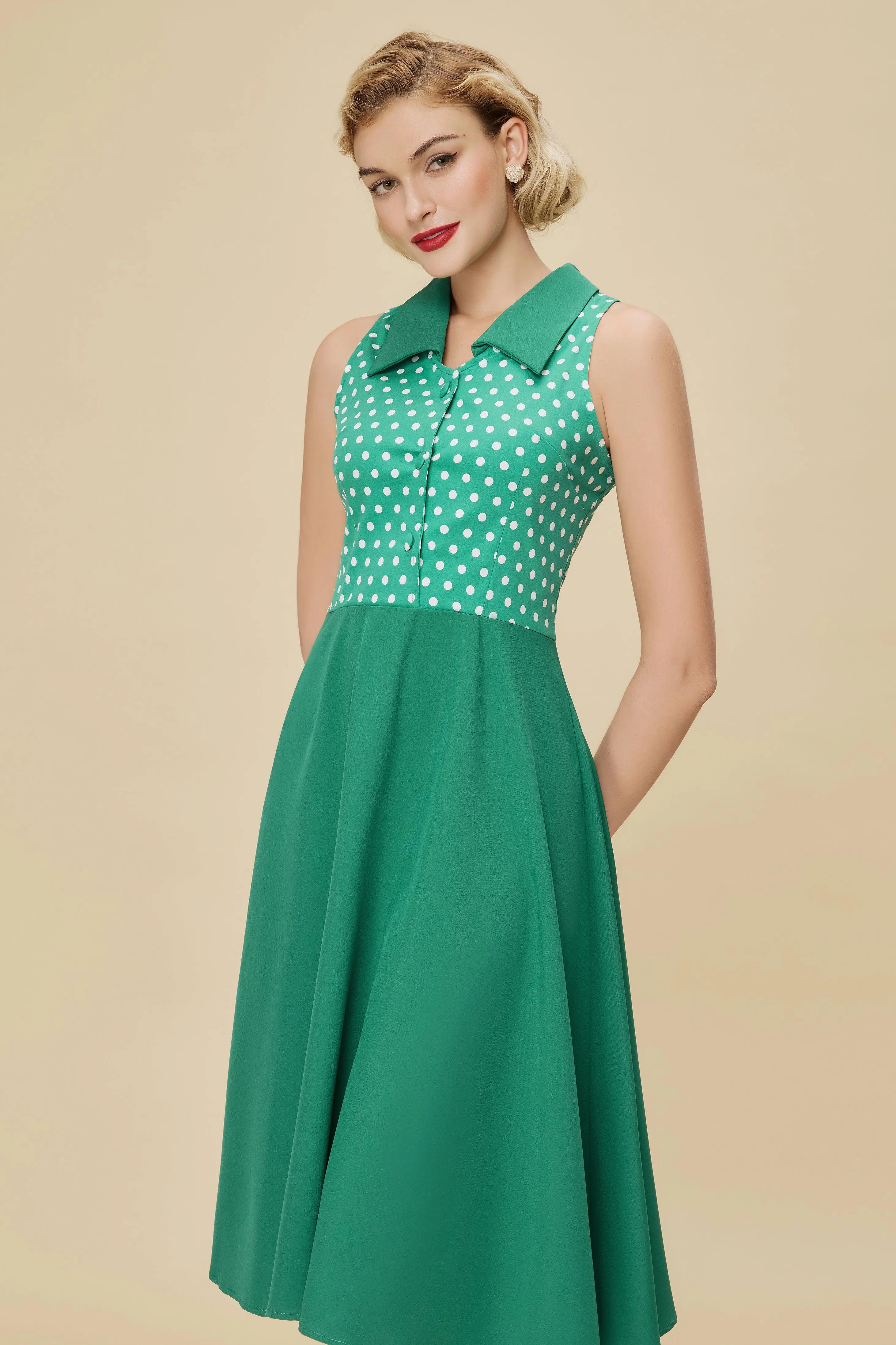 Polka Dot Bodice Sleeveless Retro Swing Dress sold by BABEYOND product image thumbnail 5