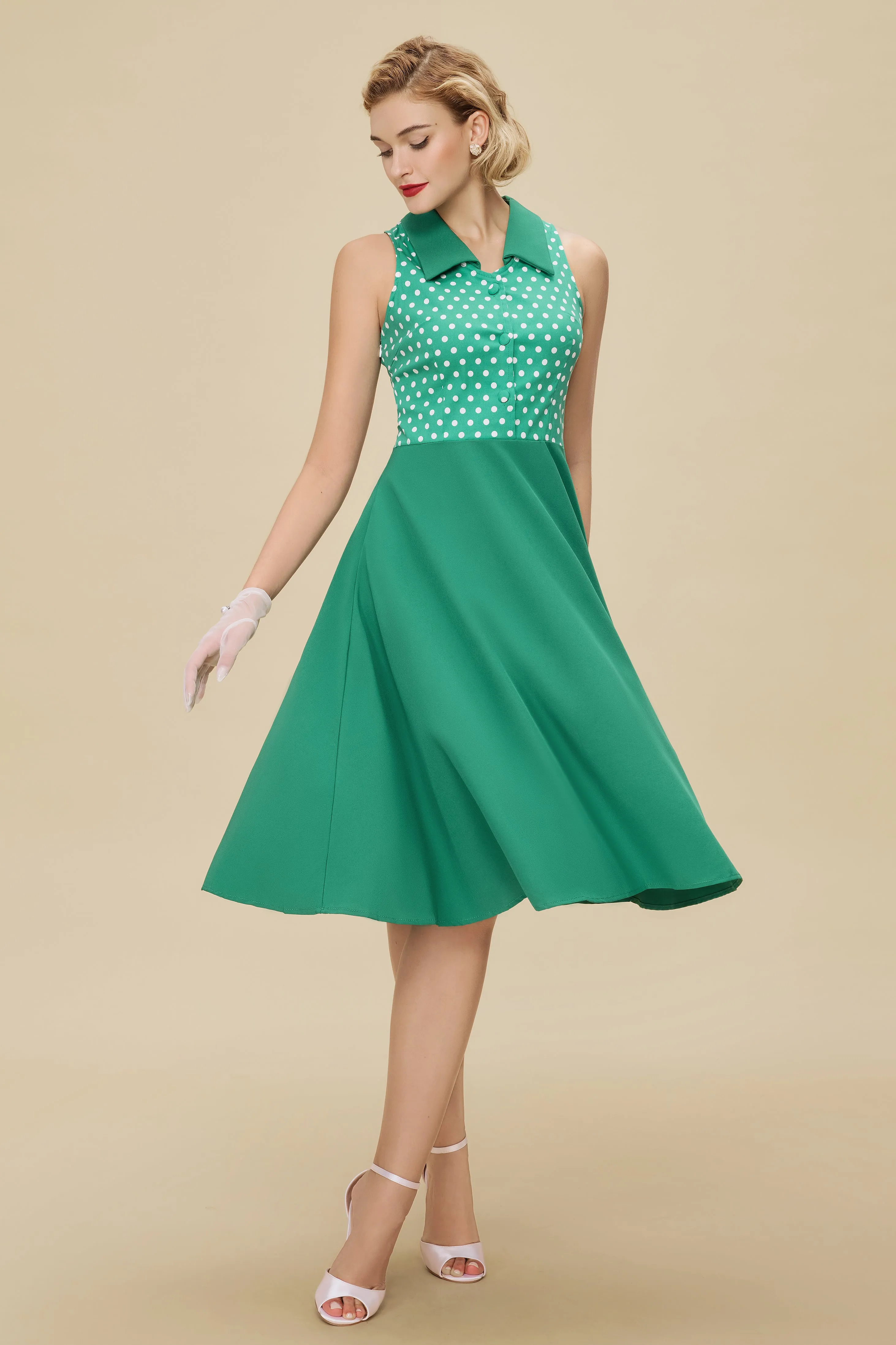 Polka Dot Bodice Sleeveless Retro Swing Dress sold by BABEYOND product image thumbnail 4
