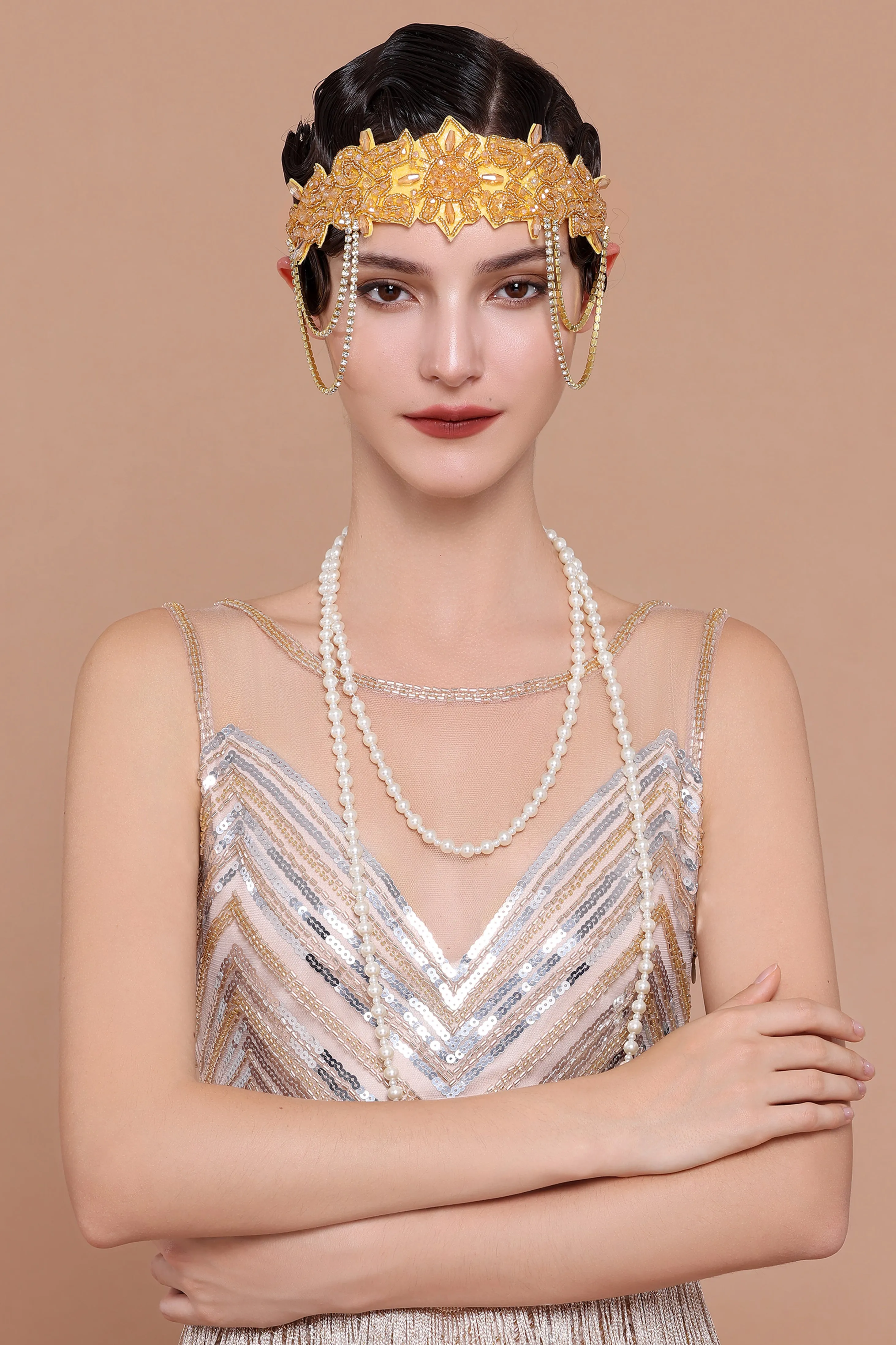 Beaded Rhinestone Dangle Chain Headband sold by BABEYOND product image thumbnail 2