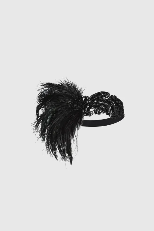 Gatsby Black Ostrich Feather Beaded Headband sold by BABEYOND
