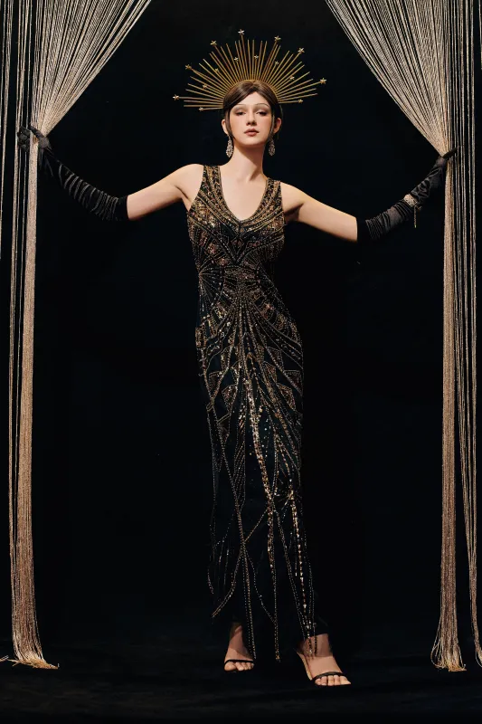 Art Deco Black & Gold Glamour Evening Gown sold by BABEYOND
