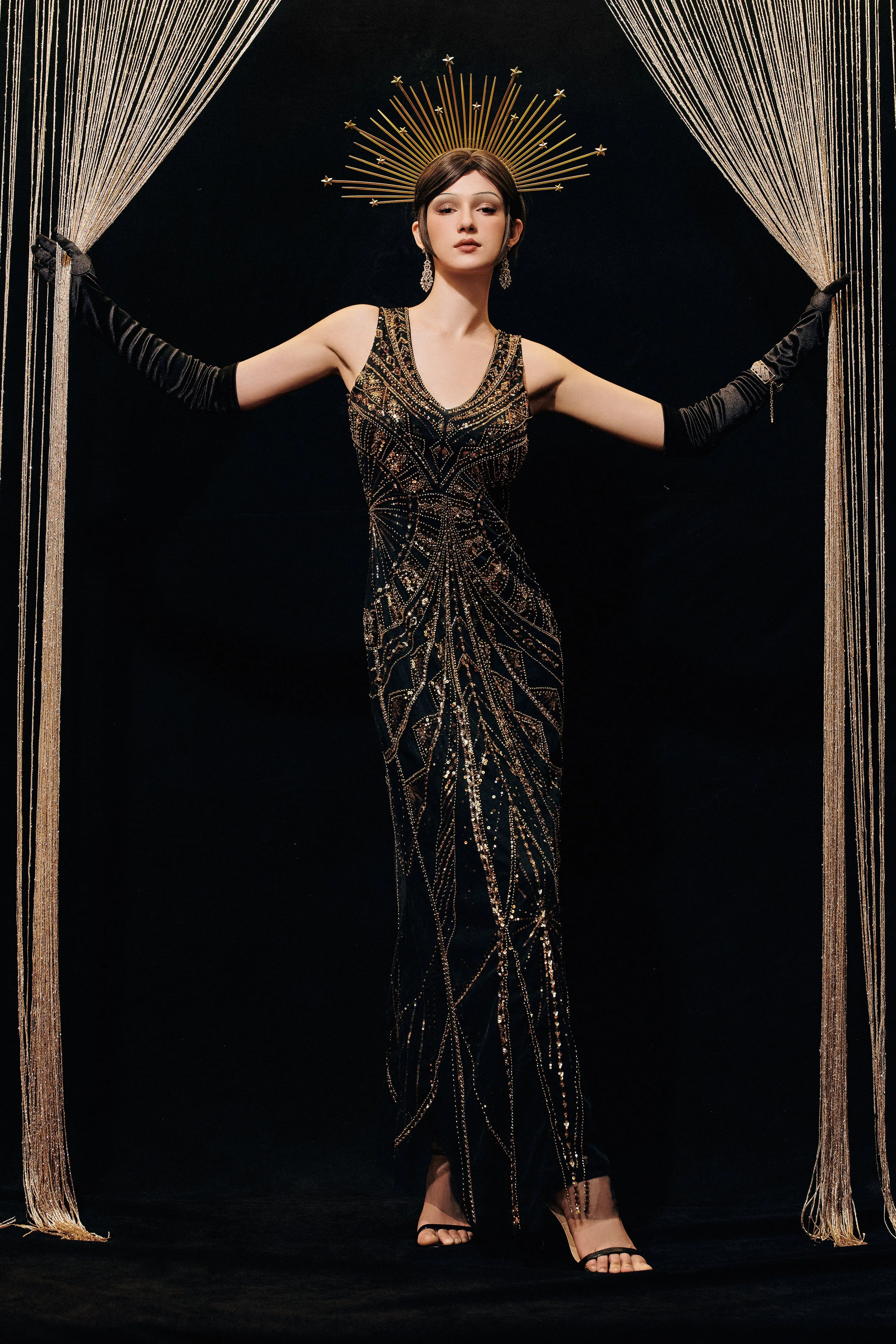 Art Deco Black & Gold Glamour Evening Gown sold by BABEYOND