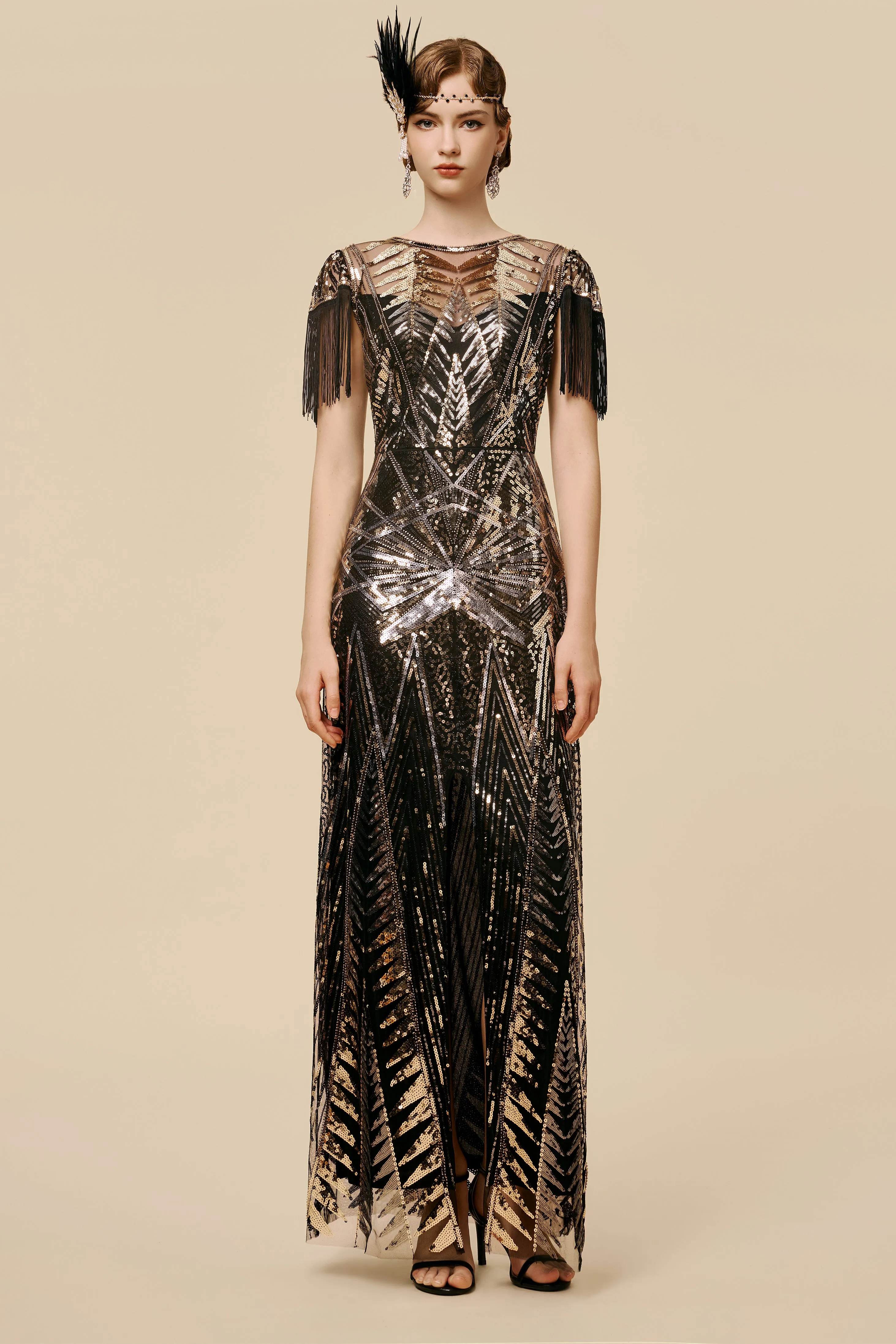 Art Deco Golden Starburst Fringe Evening Gown sold by BABEYOND product image thumbnail 3