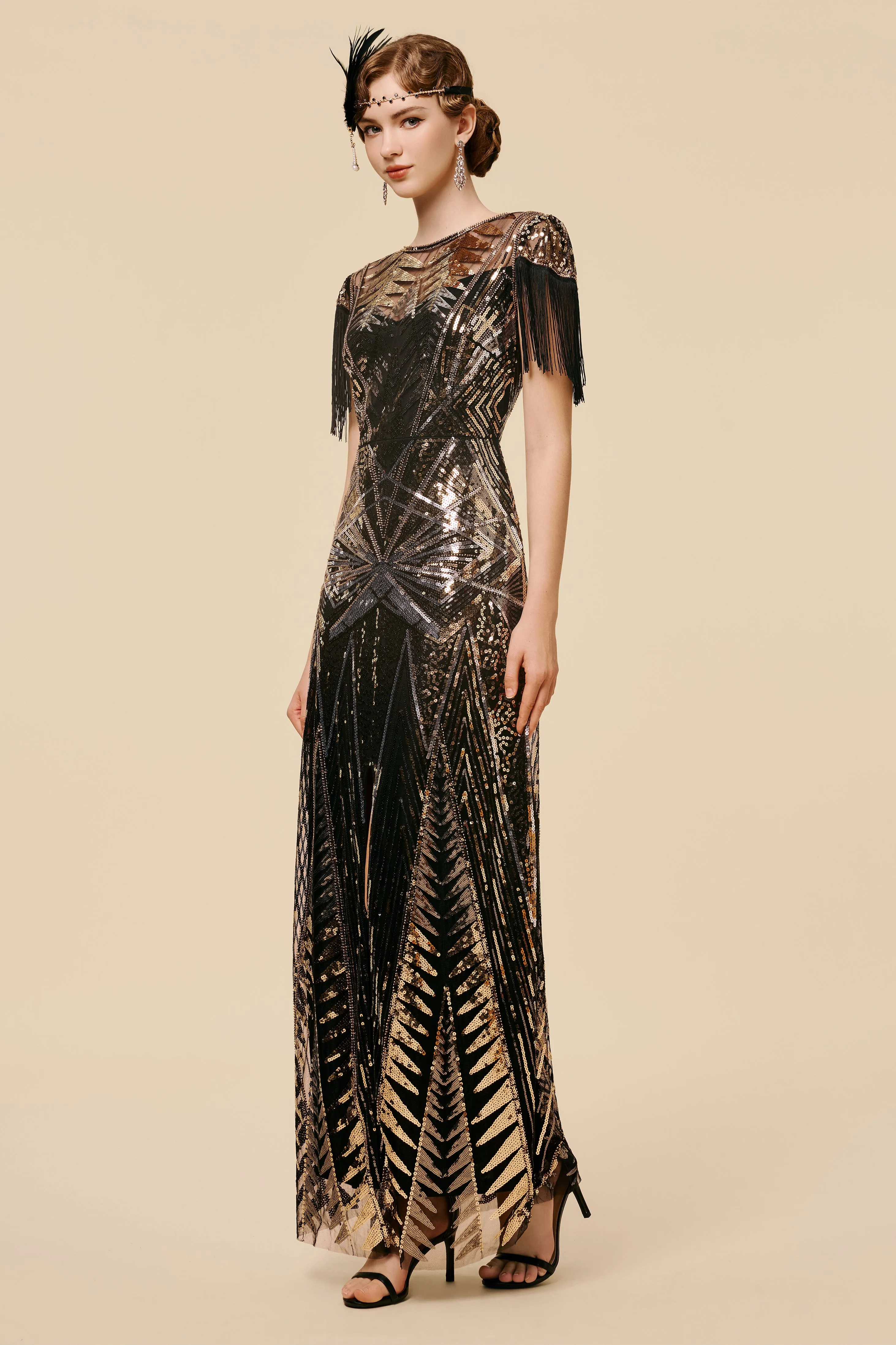 Art Deco Golden Starburst Fringe Evening Gown sold by BABEYOND product image thumbnail 5