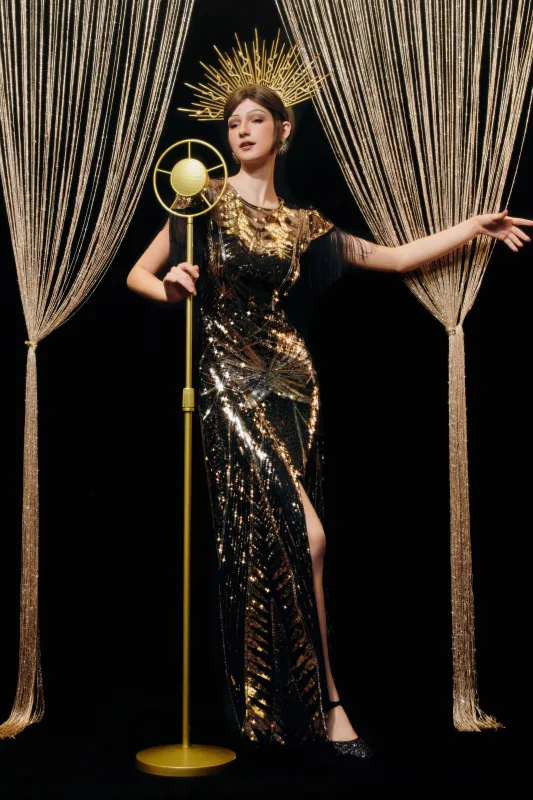 Art Deco Golden Starburst Fringe Evening Gown sold by BABEYOND