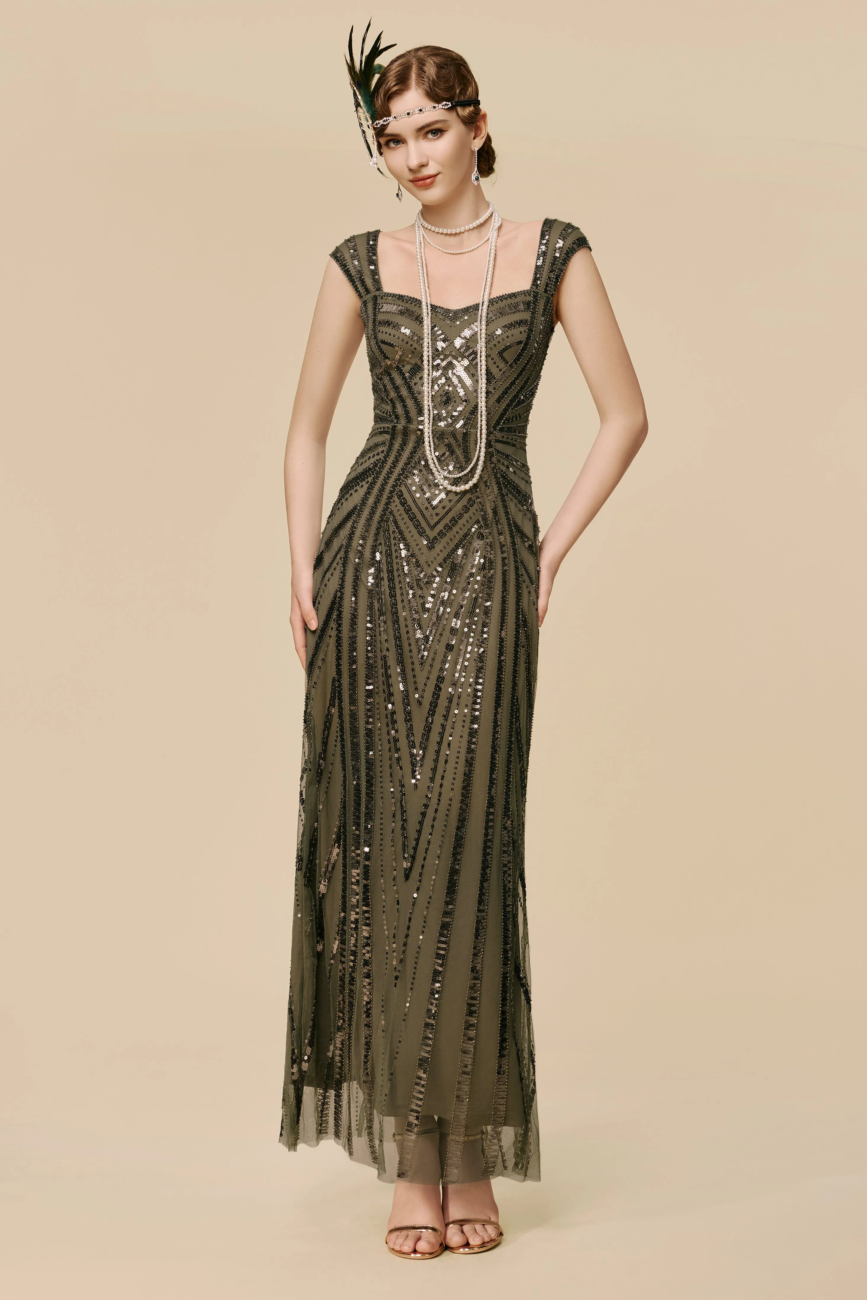 Art Deco Olive Green Sequin Evening Gown sold by BABEYOND product image thumbnail 3