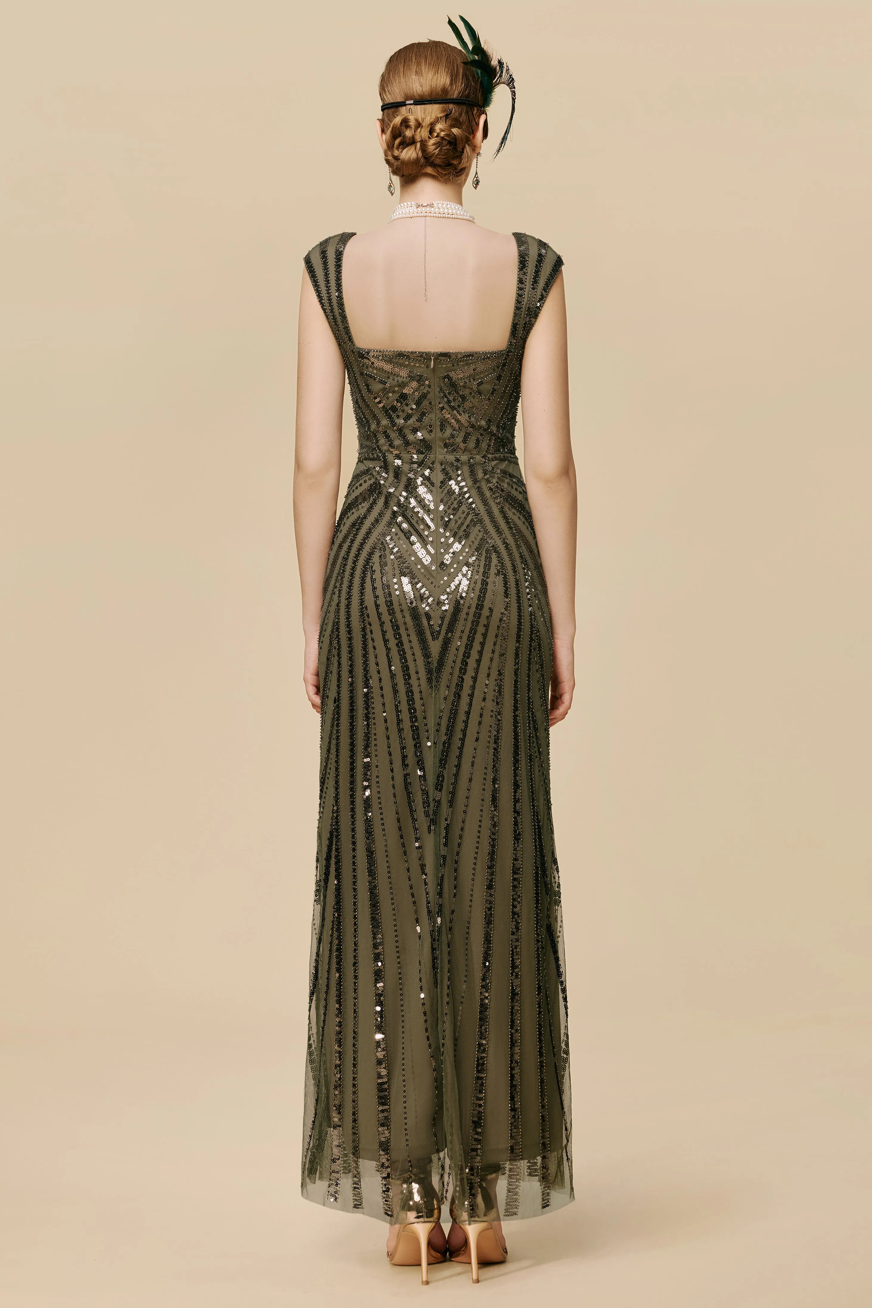 Art Deco Olive Green Sequin Evening Gown sold by BABEYOND product image thumbnail 4