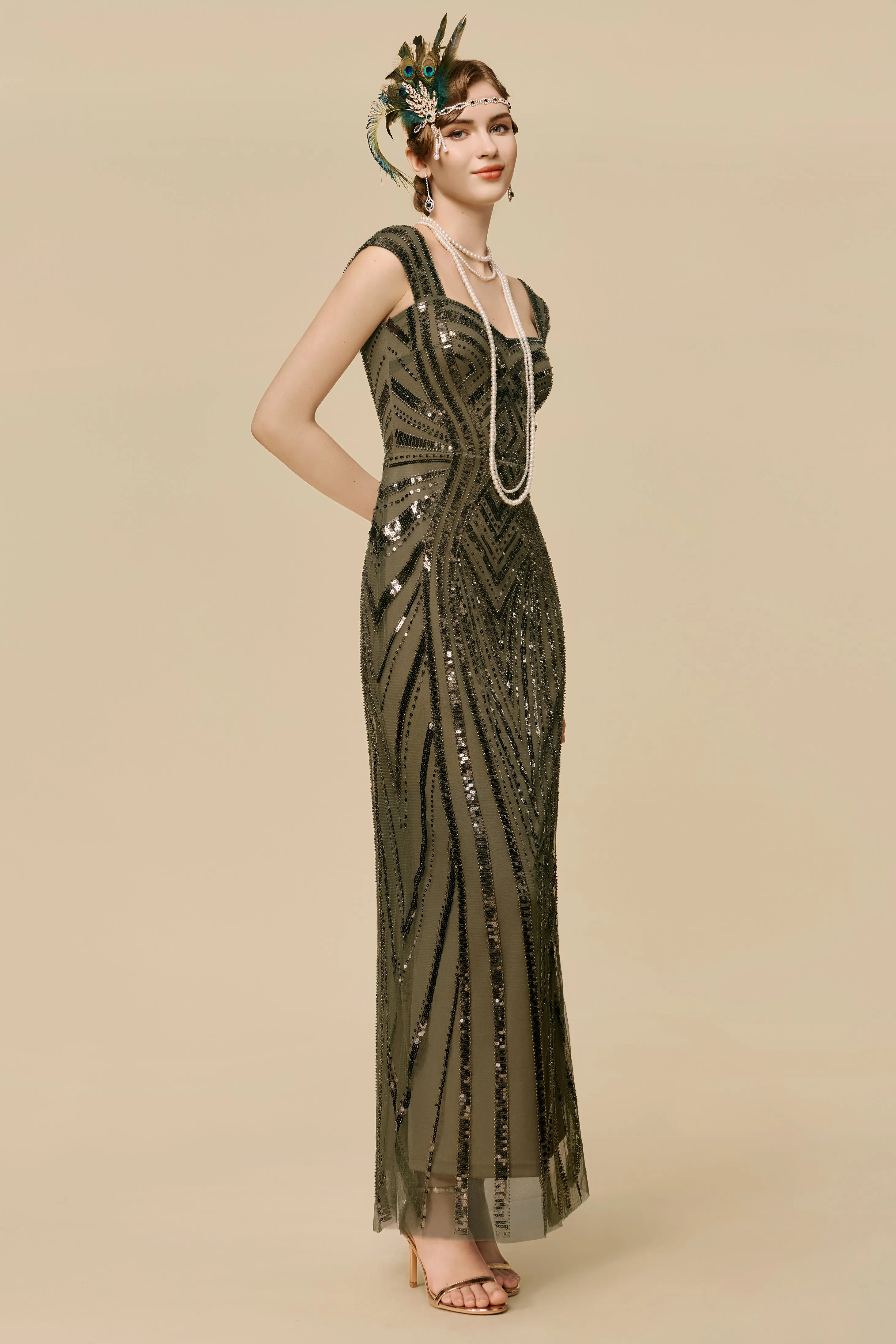 Art Deco Olive Green Sequin Evening Gown sold by BABEYOND product image thumbnail 5