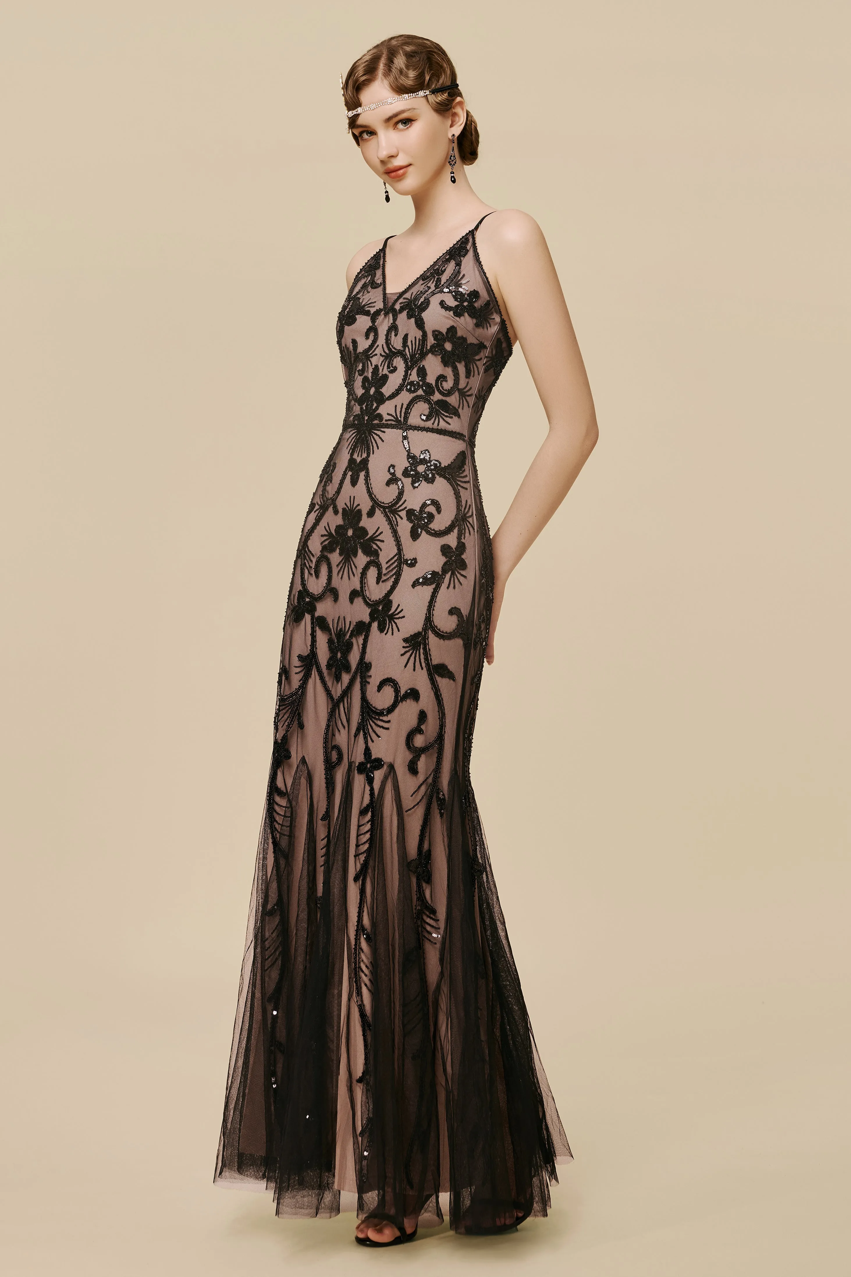 Nude and Black Beaded Mermaid Evening Gown sold by BABEYOND product image thumbnail 3