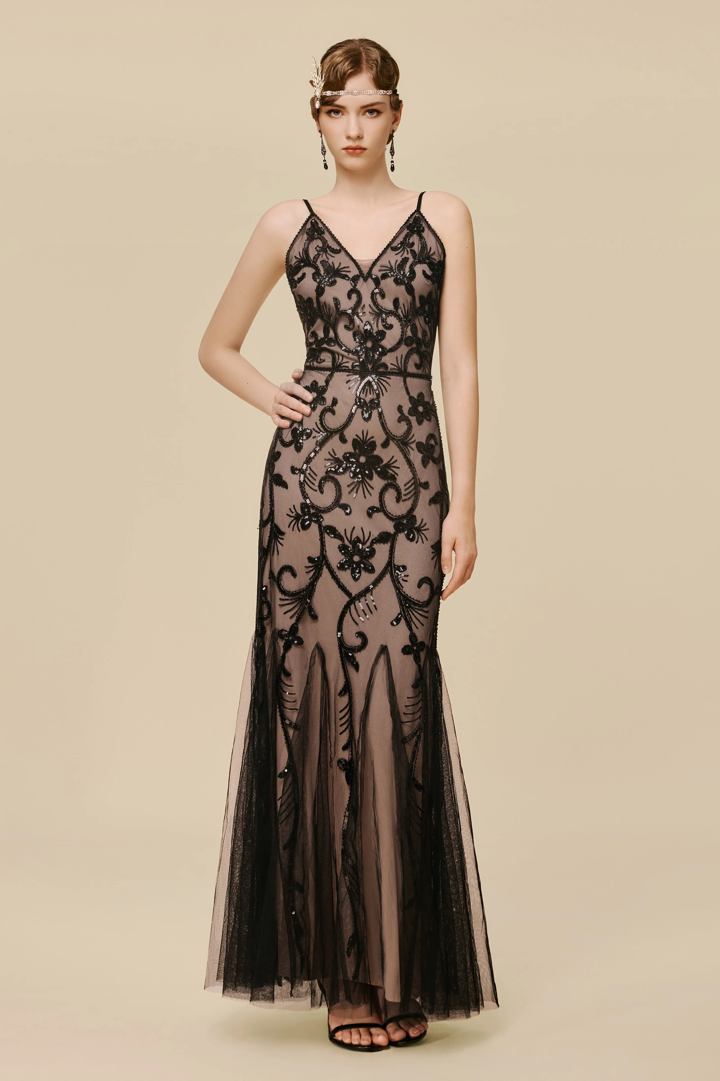 Nude and Black Beaded Mermaid Evening Gown sold by BABEYOND