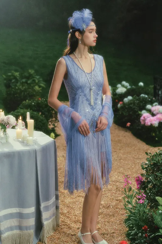 Radiant Beaded Zigzag Flapper Dress with Tulle Drape made by BABEYOND