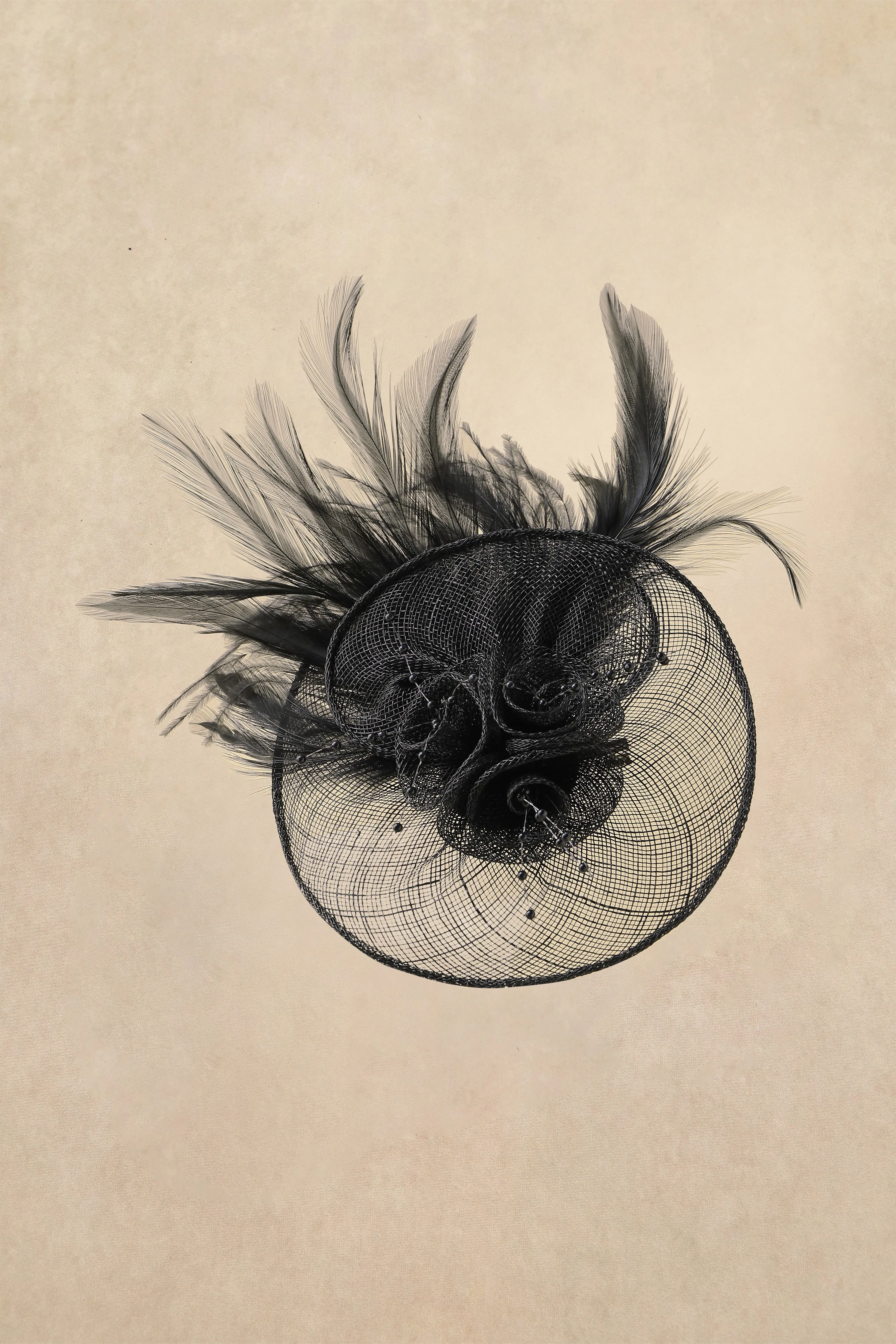 Floral Mesh Feather Derby Fascinator sold by BABEYOND