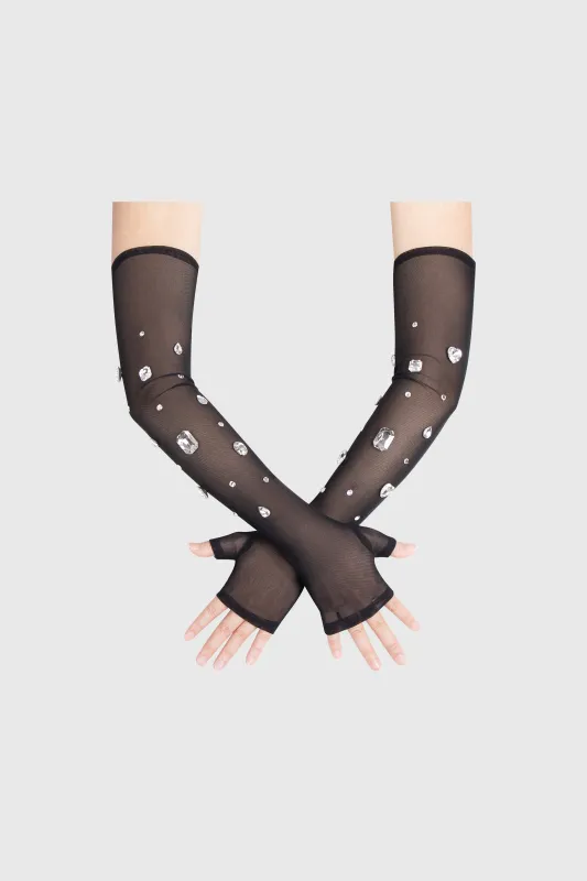 Long Rhinestone Mesh Fingerless Gloves made by BABEYOND
