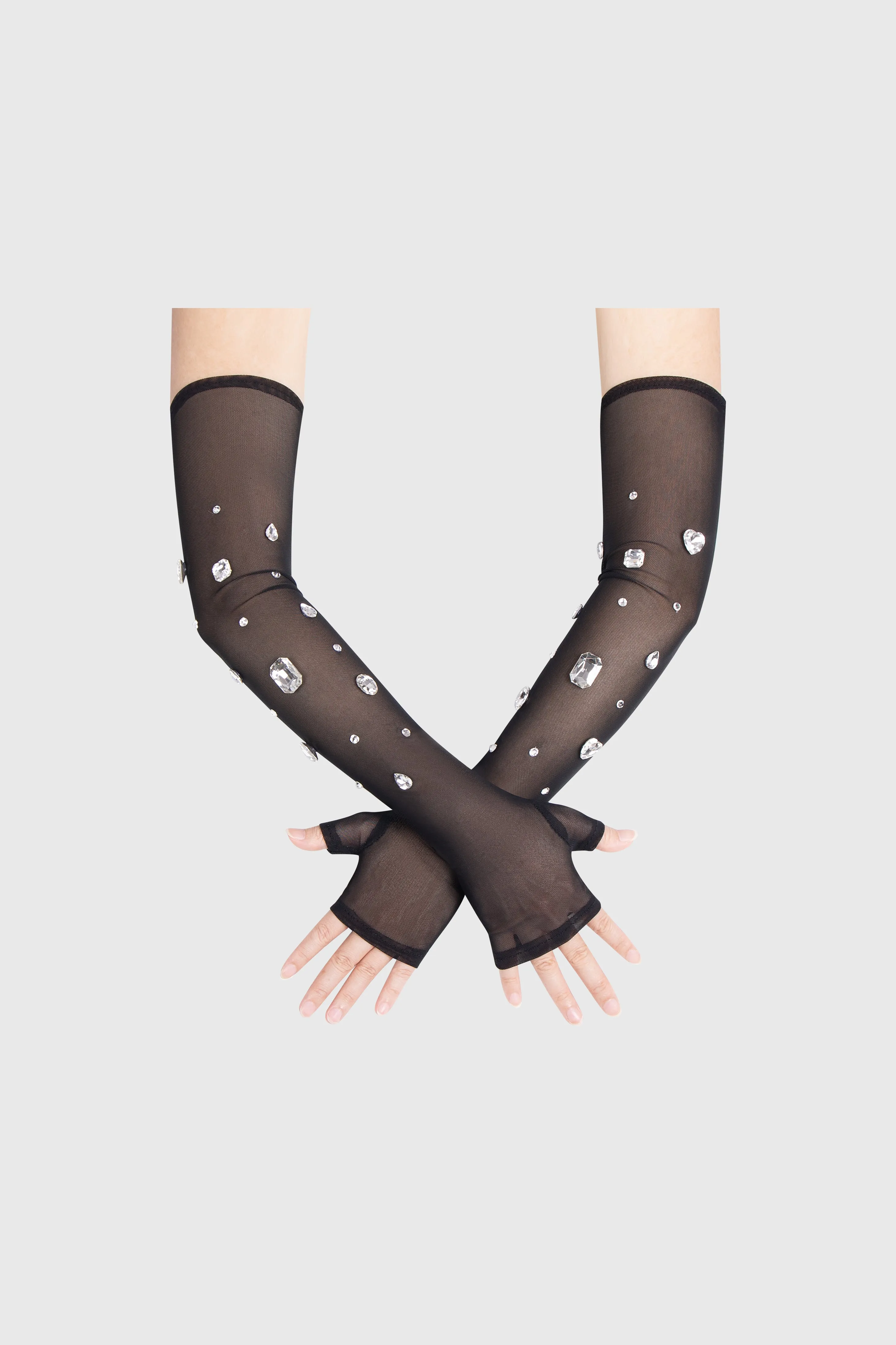 Long Rhinestone Mesh Fingerless Gloves sold by BABEYOND
