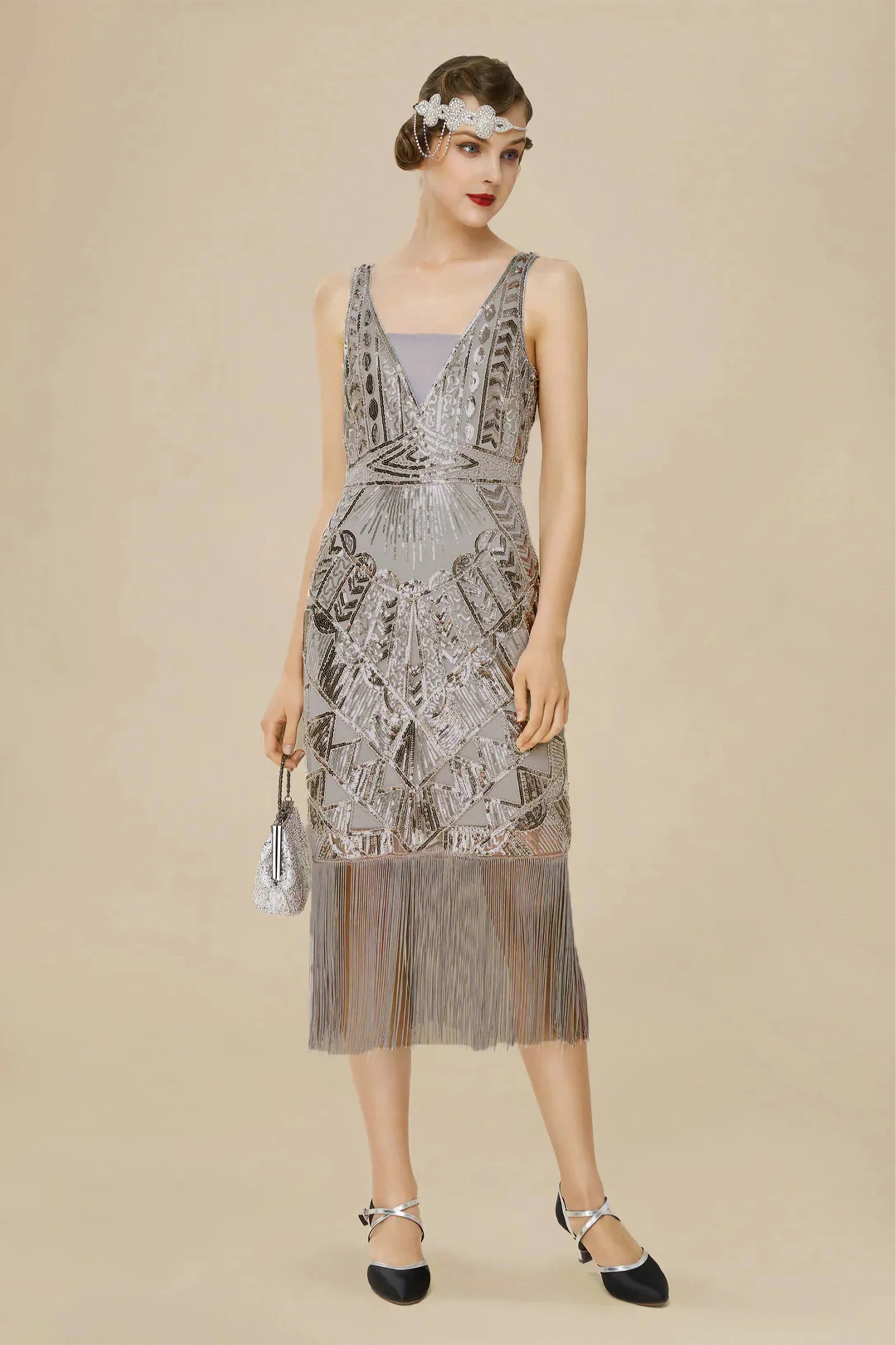 Glitter Sequin V-Neck Art Deco Slip Dress sold by BABEYOND