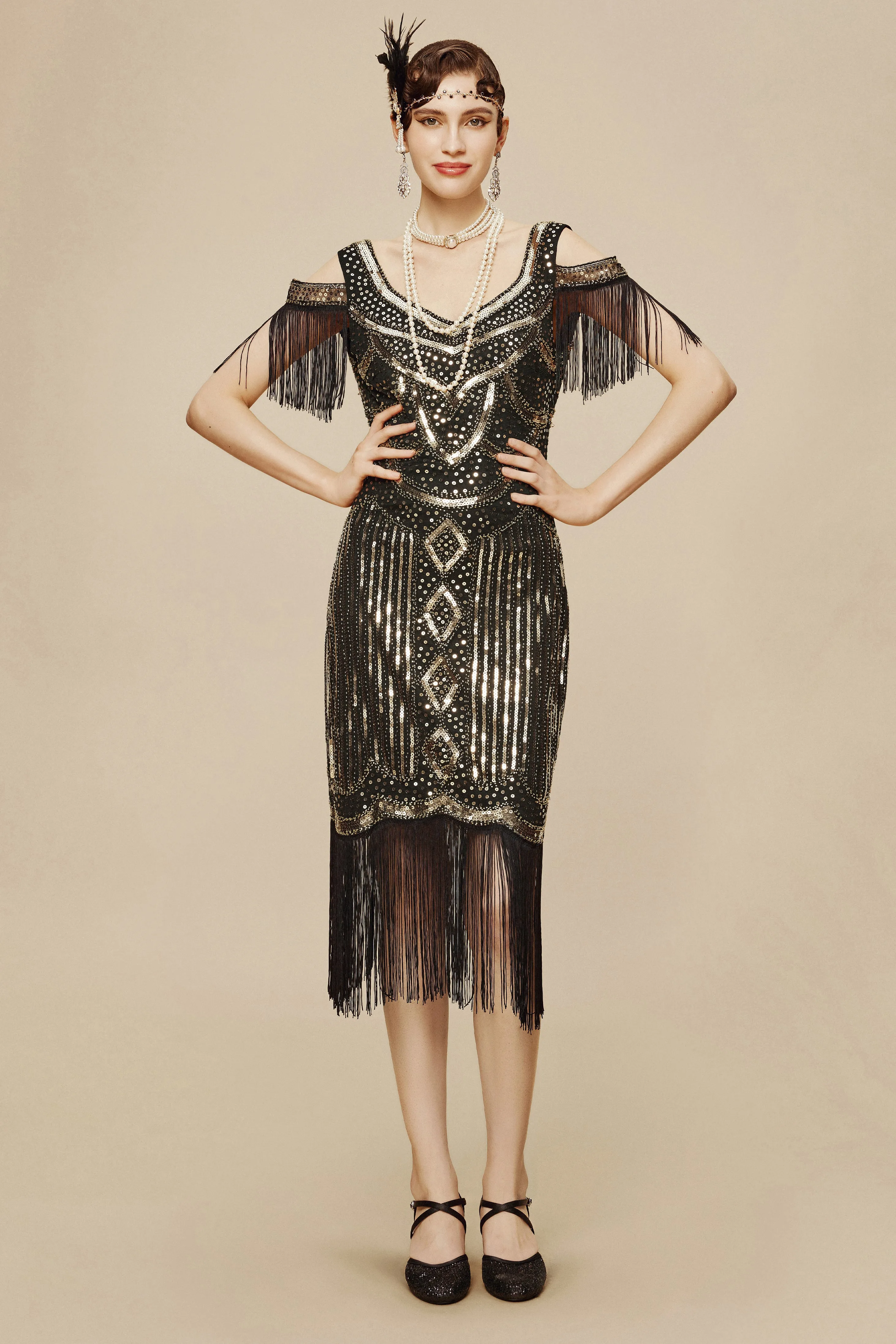 Beaded Off Shoulder Flapper Dress sold by BABEYOND