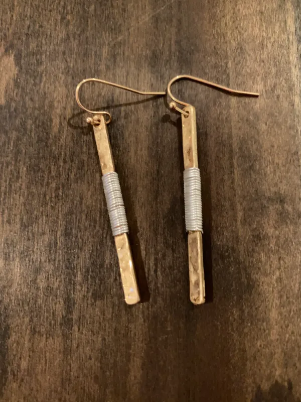 hammered wire wrapped vertical bar earrings sold by bubs & sass