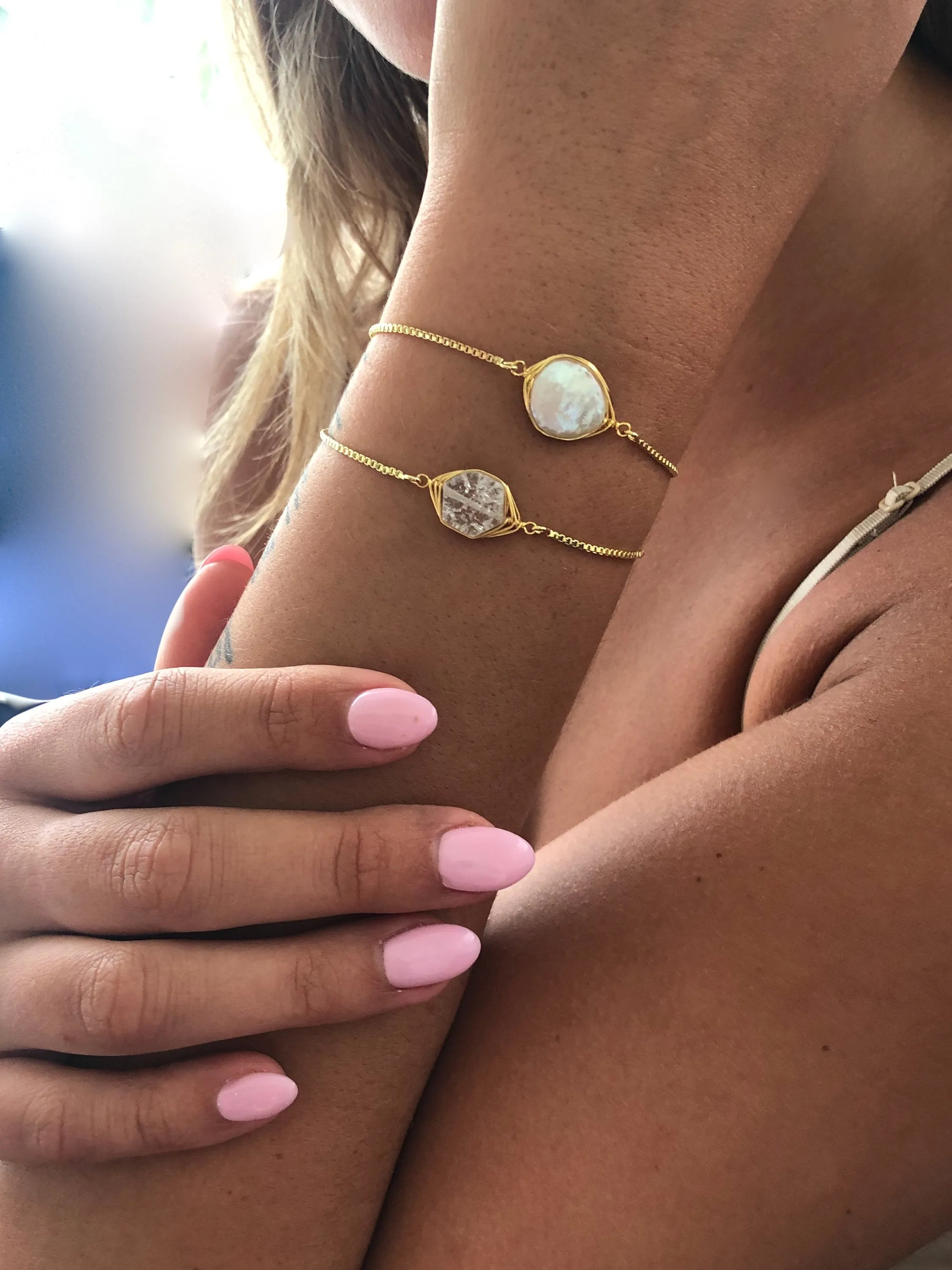 pearl bracelet. crystal bracelet. slider bracelet. adjustable gold bracelet sold by bubs & sass