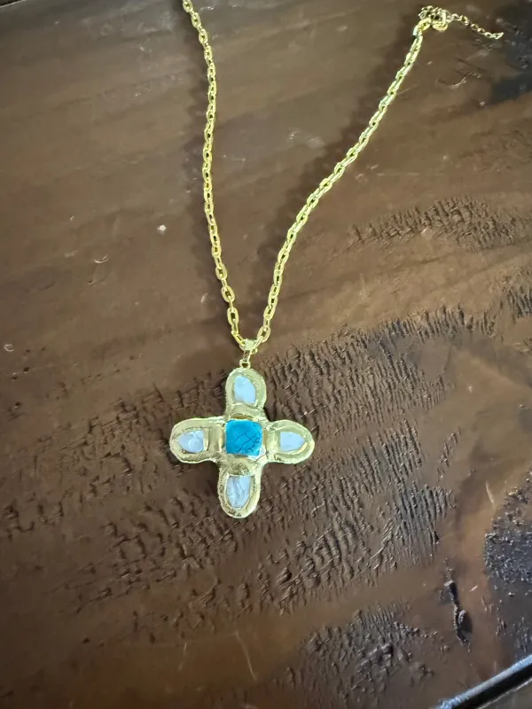 pearl and turquoise chunky cross pendant sold by bubs & sass