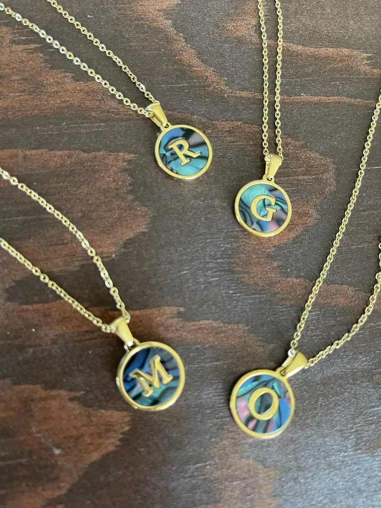round abalone initial pendant necklace sold by bubs & sass product image thumbnail 2
