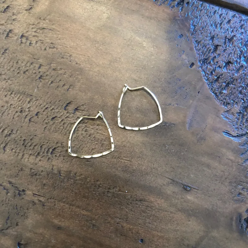 triangle hoop earrings. triangle ear wires. small geometric hoop earrings. hammered. sold by bubs & sass