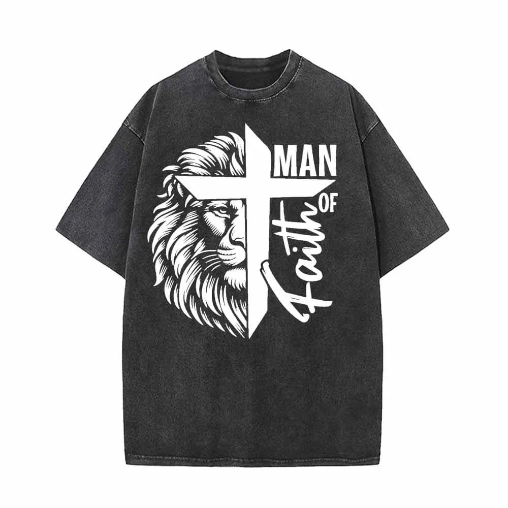 Man Of Faith Lion Print Vintage Washed T-shirt sold by GTHIC