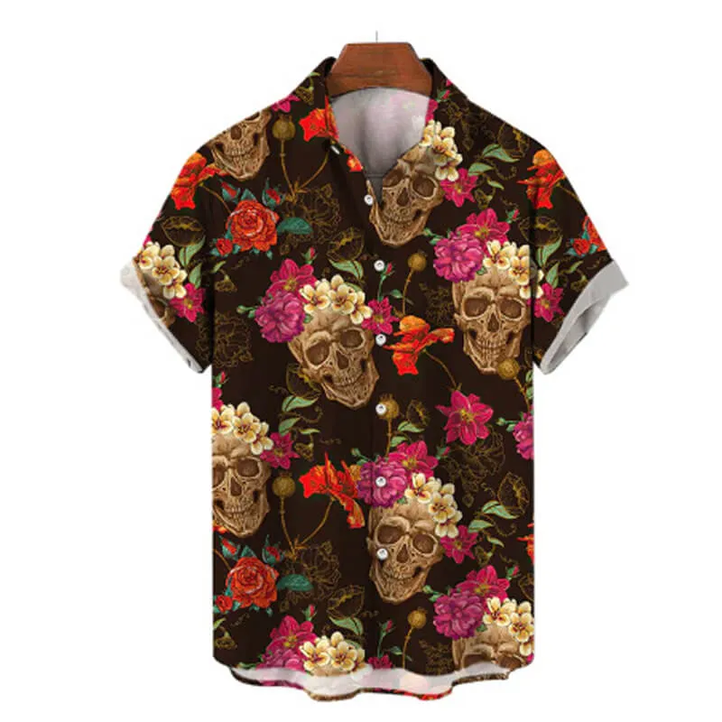 Skull Flower Print Polyester Shirt sold by GTHIC