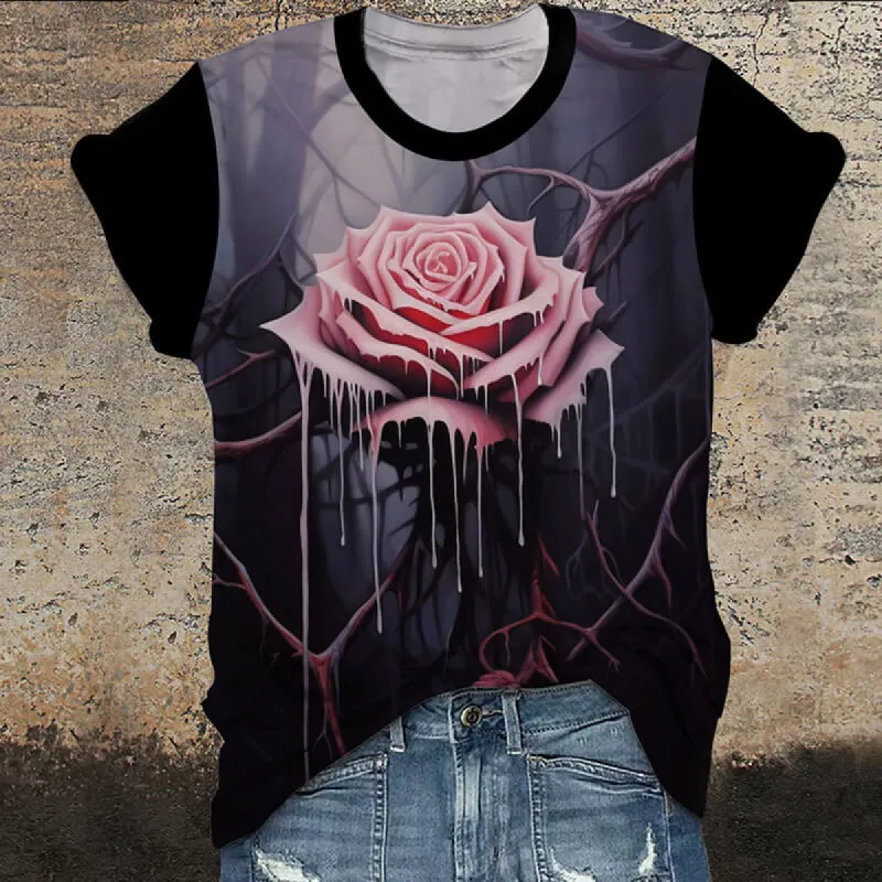 Gothic Dripping Rose Round Neck Short Sleeve T-Shirt sold by GTHIC