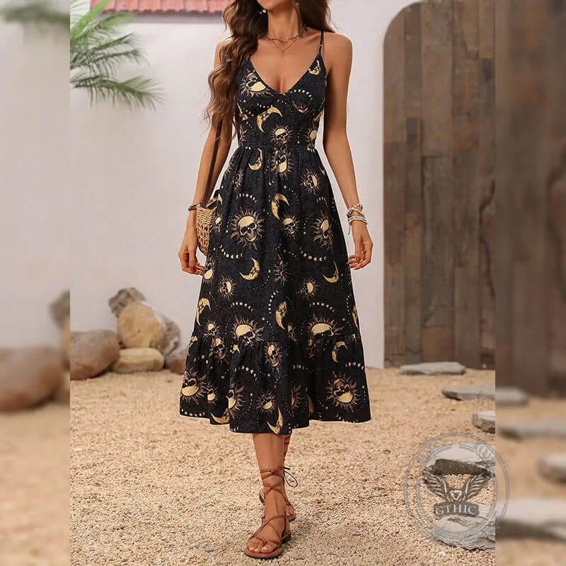 Gothic V Neck Skull Moon Sun Print Slip Dress sold by GTHIC product image thumbnail 3