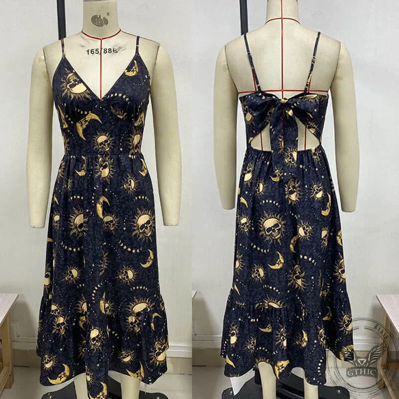 Gothic V Neck Skull Moon Sun Print Slip Dress sold by GTHIC product image thumbnail 4