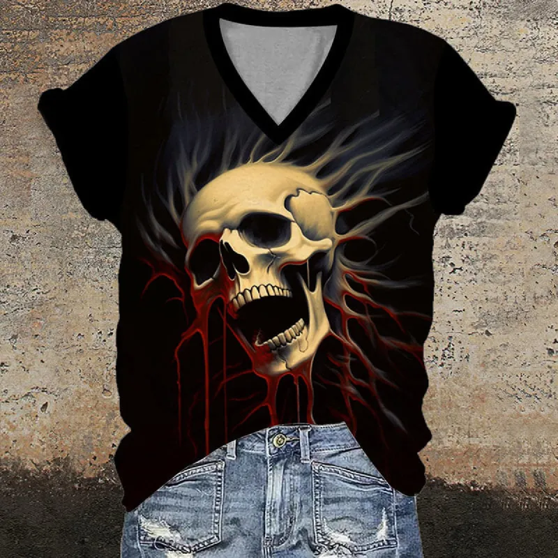 Gothic Skull Head V-Neck Short Sleeve T-Shirt sold by GTHIC