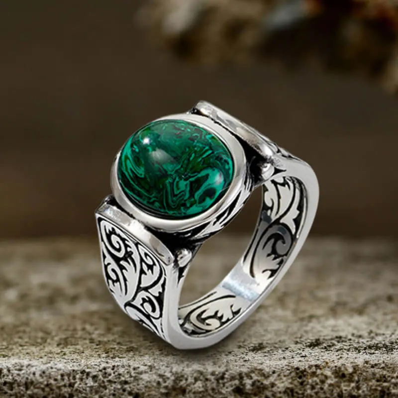 Vintage Malachite Inlaid Stainless Steel Gemstone Ring sold by GTHIC