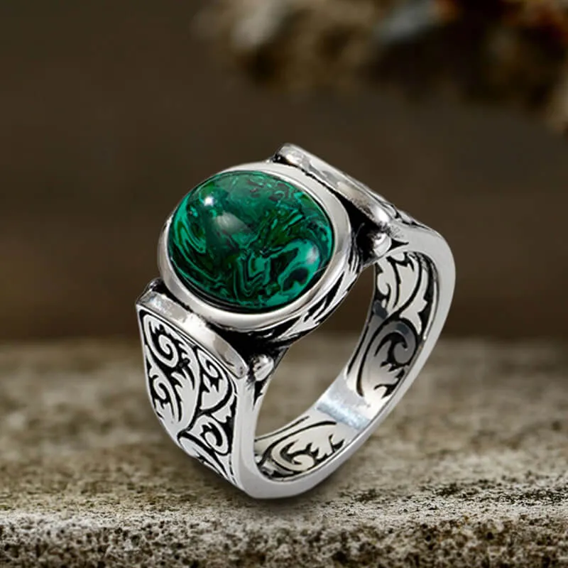 Vintage Malachite Inlaid Stainless Steel Gemstone Ring sold by GTHIC