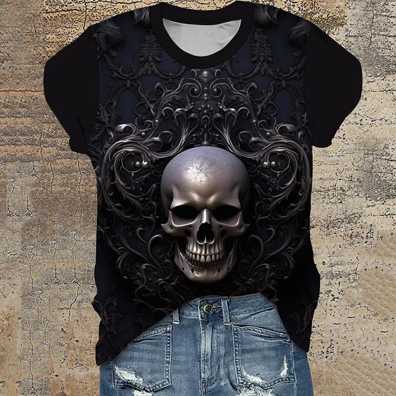 Gothic Pattern Skull Round Neck Short Sleeve T-Shirt sold by GTHIC
