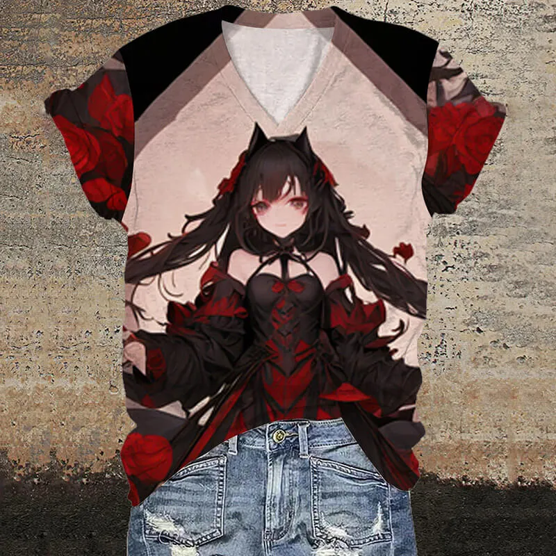 Gothic Wolf Girl V-Neck Anime T-Shirt sold by GTHIC