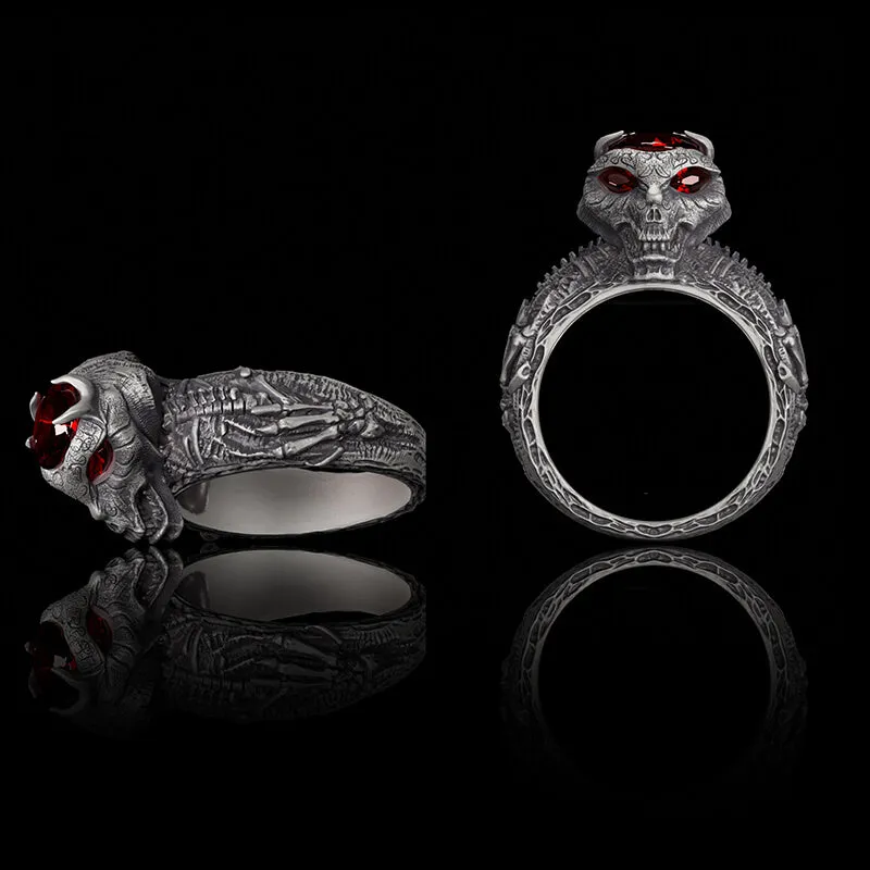 Red Eyed Demon Skull Sterling Silver Ring sold by GTHIC