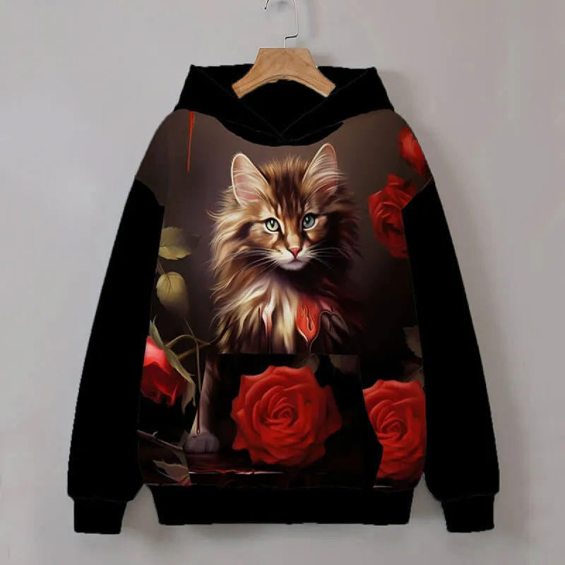 Gothic Cat Rose Print Polyester Hoodie sold by GTHIC