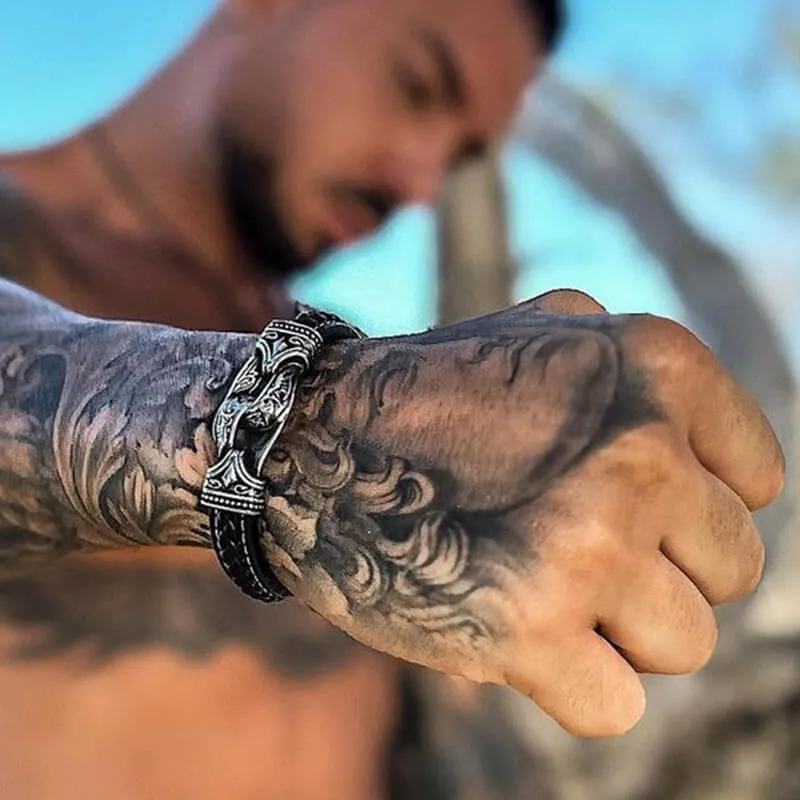 Carved Viking Stainless Steel Leather Bracelet sold by GTHIC product image thumbnail 2