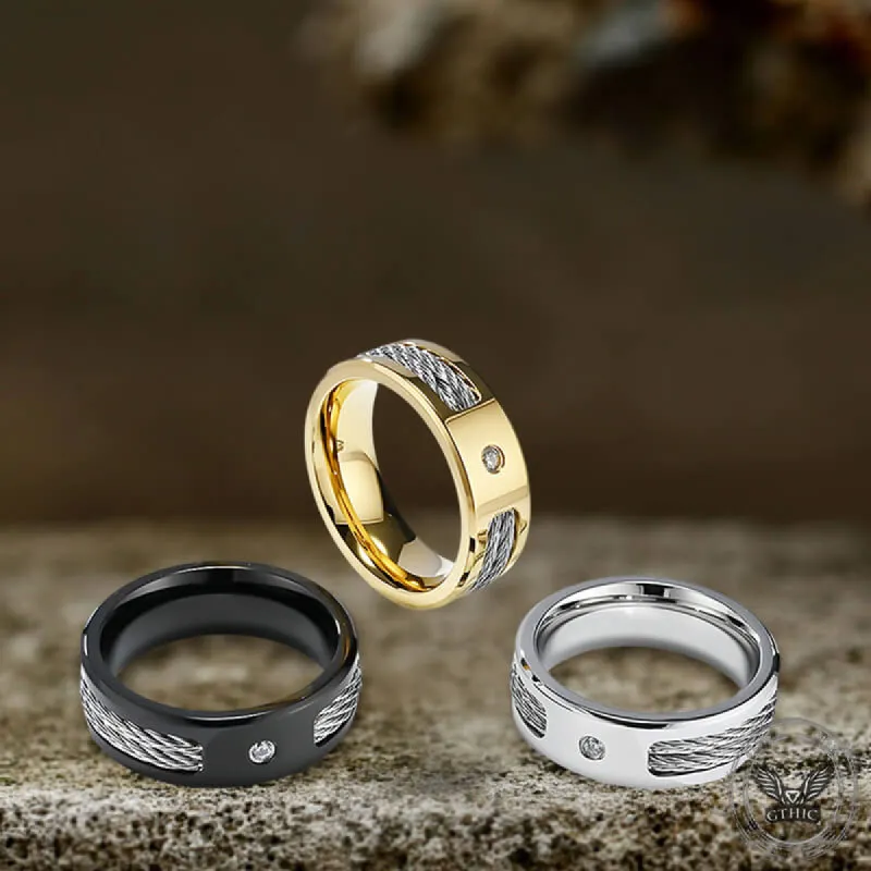 Simple Wire Rope Design Zircon Stainless Steel Ring made by GTHIC
