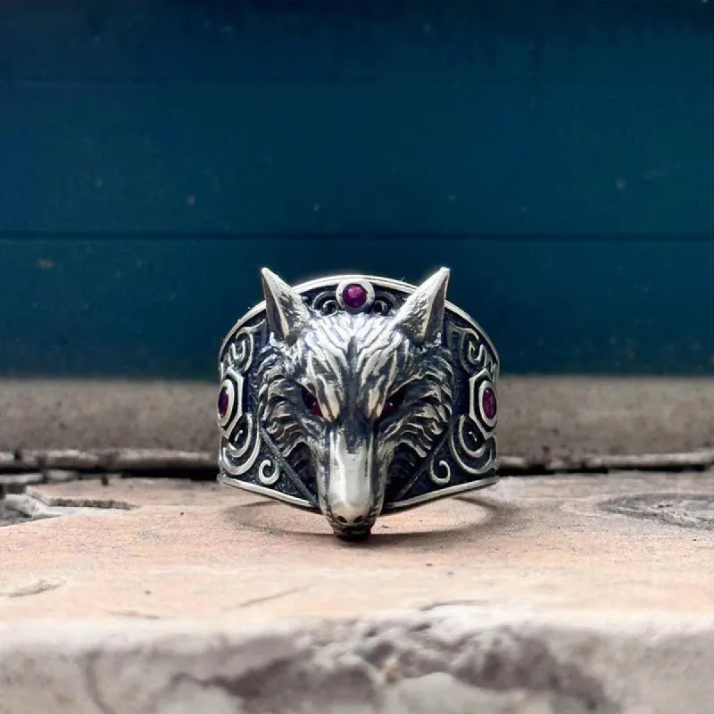 Vintage Red Eyed Wolf Zircon Sterling Silver Ring sold by GTHIC