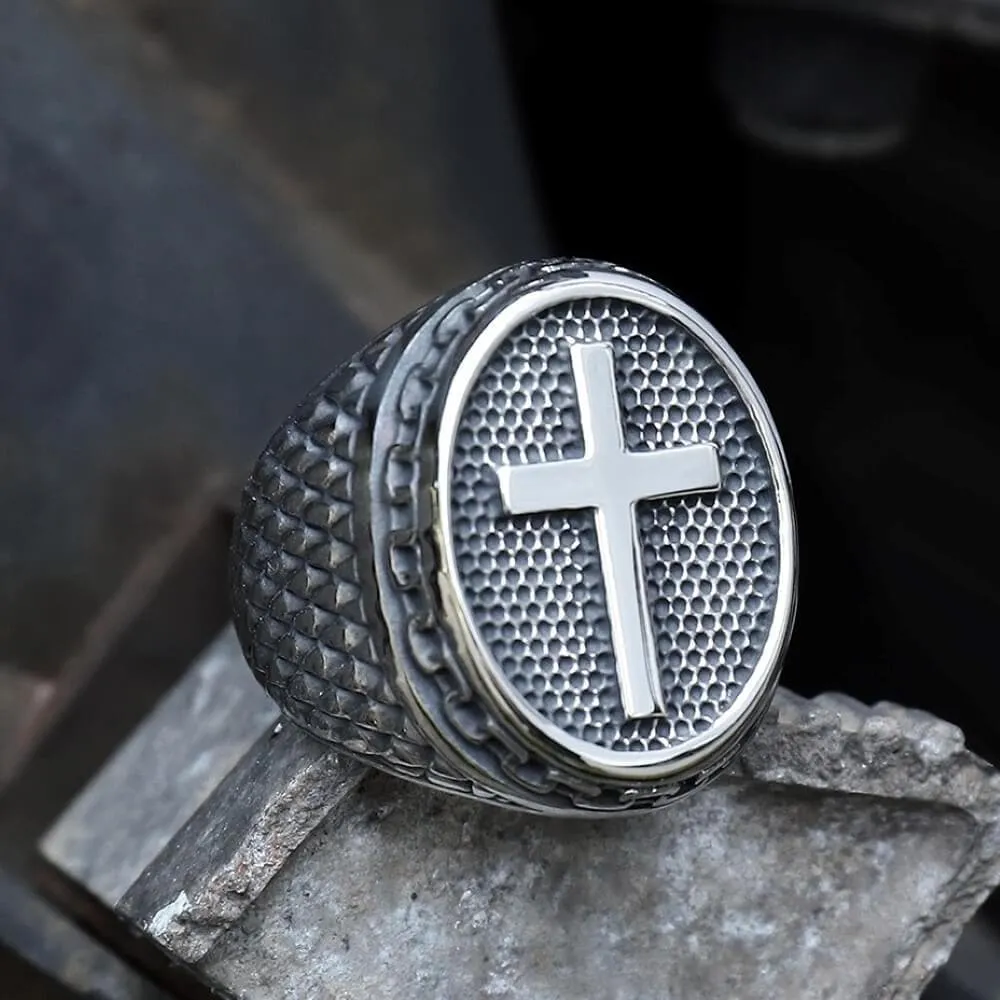 Dragon Scale Pattern Stainless Steel Cross Ring sold by GTHIC