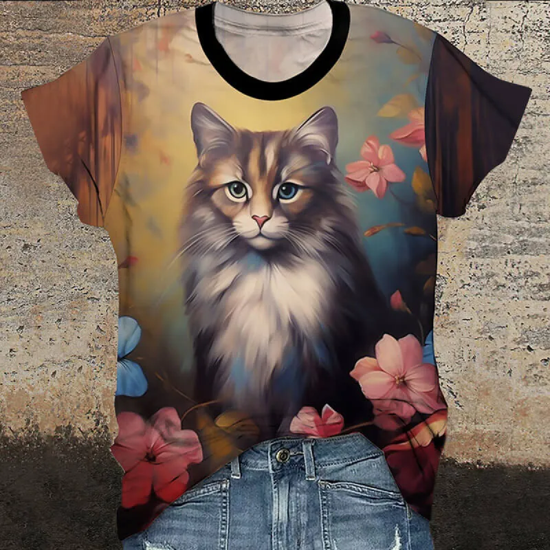 Gothic Cat and Flower Round Neck T-Shirt sold by GTHIC