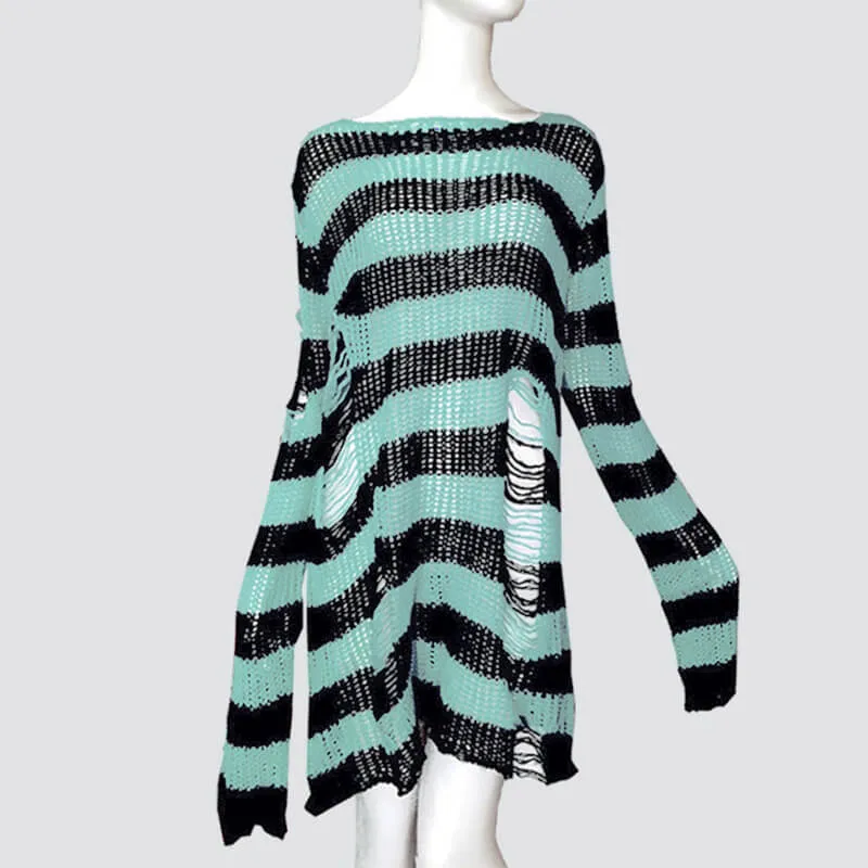 Crew Neck Striped Wool Knitted Long Sweater sold by GTHIC product image thumbnail 4